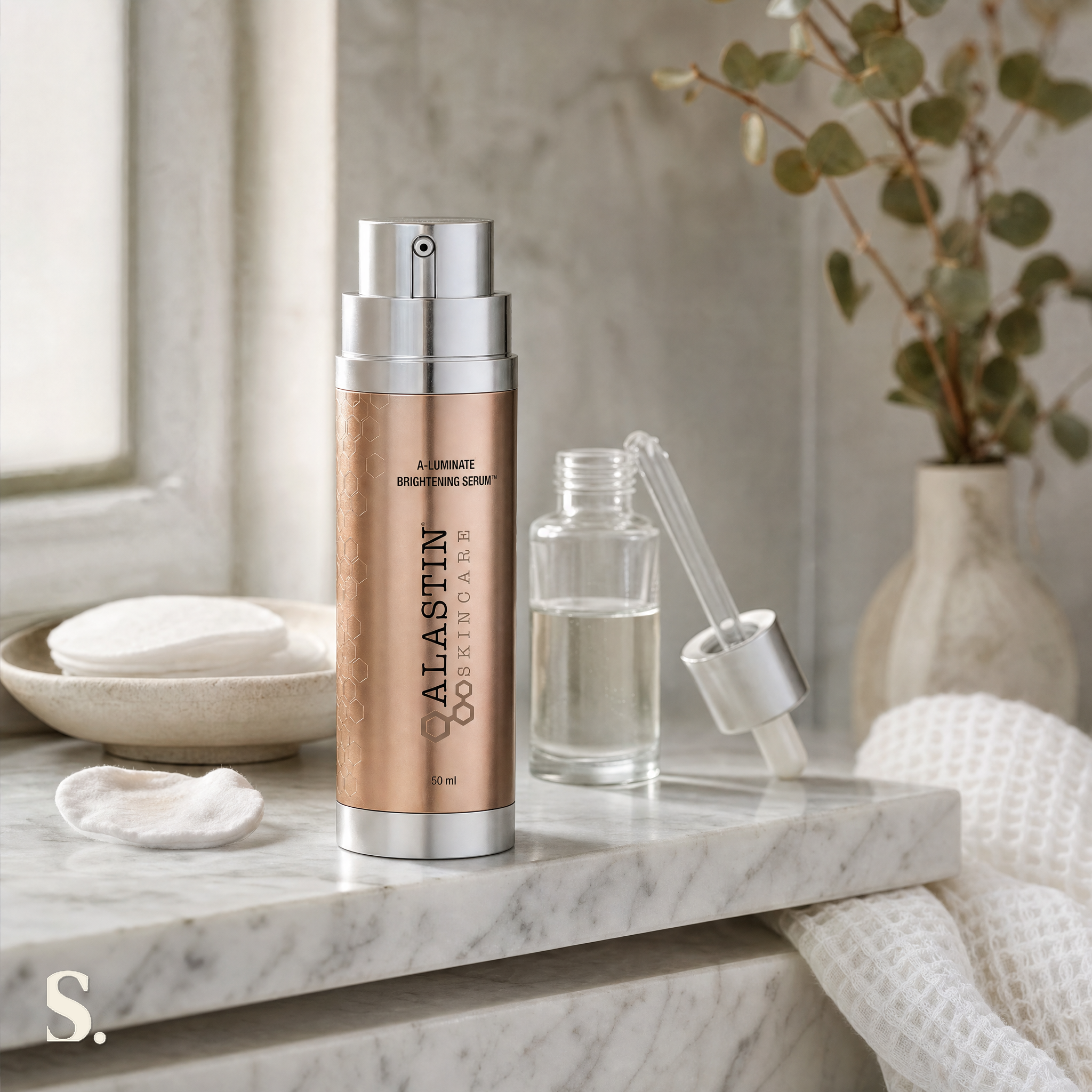 Alastin A-LUMINATE Brightening Serum™ Review in a lifestyle bathroom setting — Skintique review