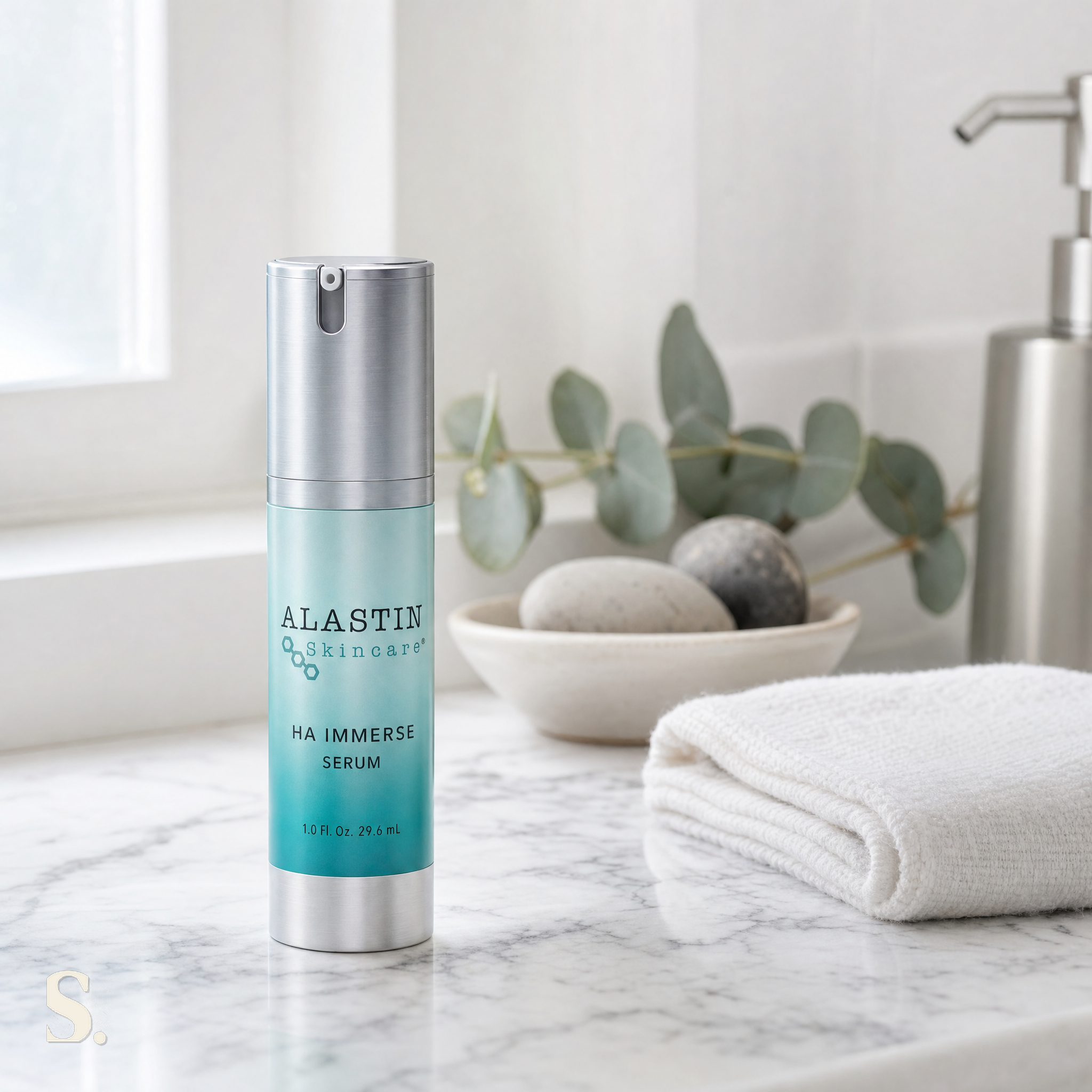 Alastin HA Immerse Serum in a lifestyle bathroom setting — Skintique review
