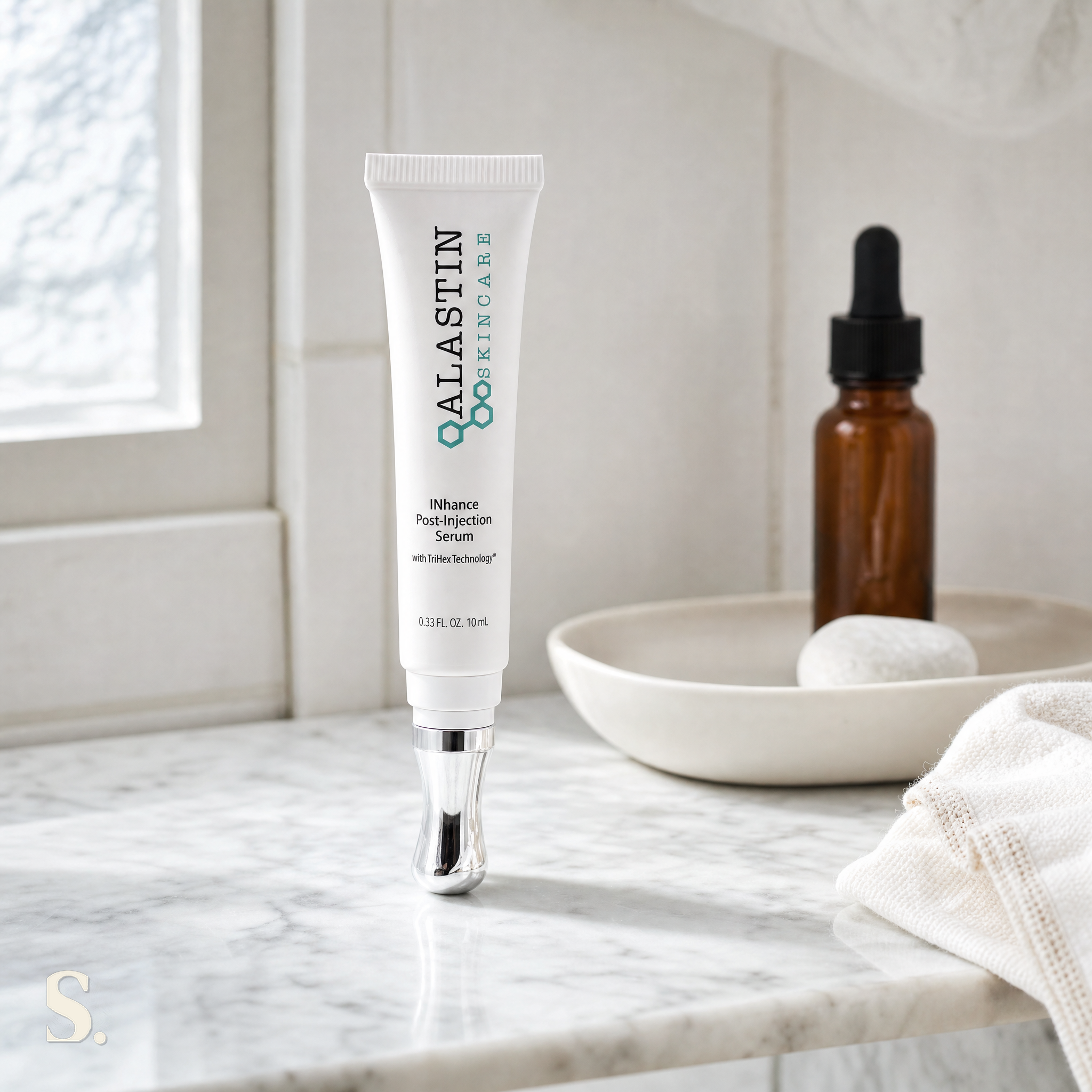 Alastin INhance Post-Injection Serum® in a lifestyle bathroom setting — Skintique review
