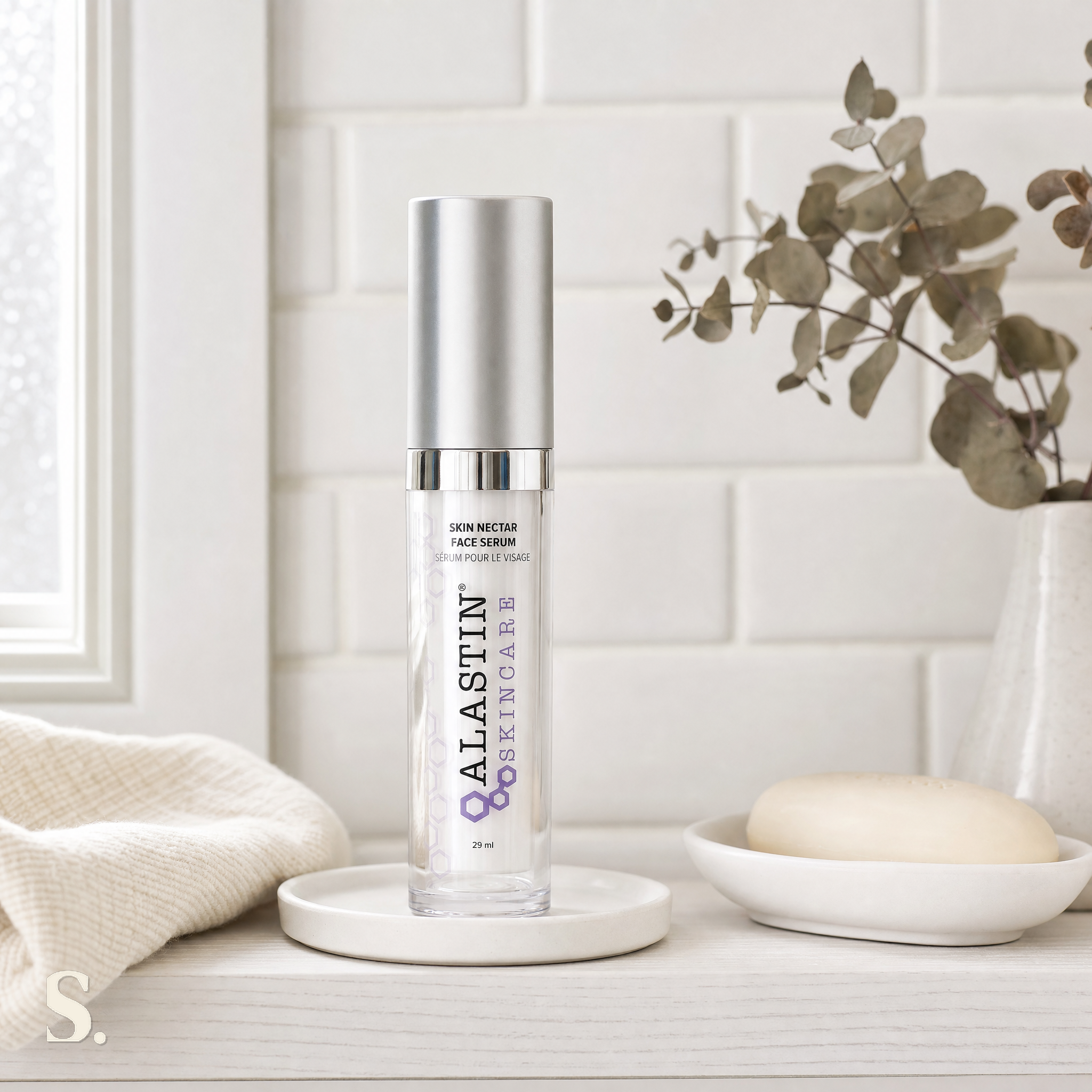 ALASTIN Regenerating Skin Nectar® Review in a lifestyle bathroom setting — Skintique review