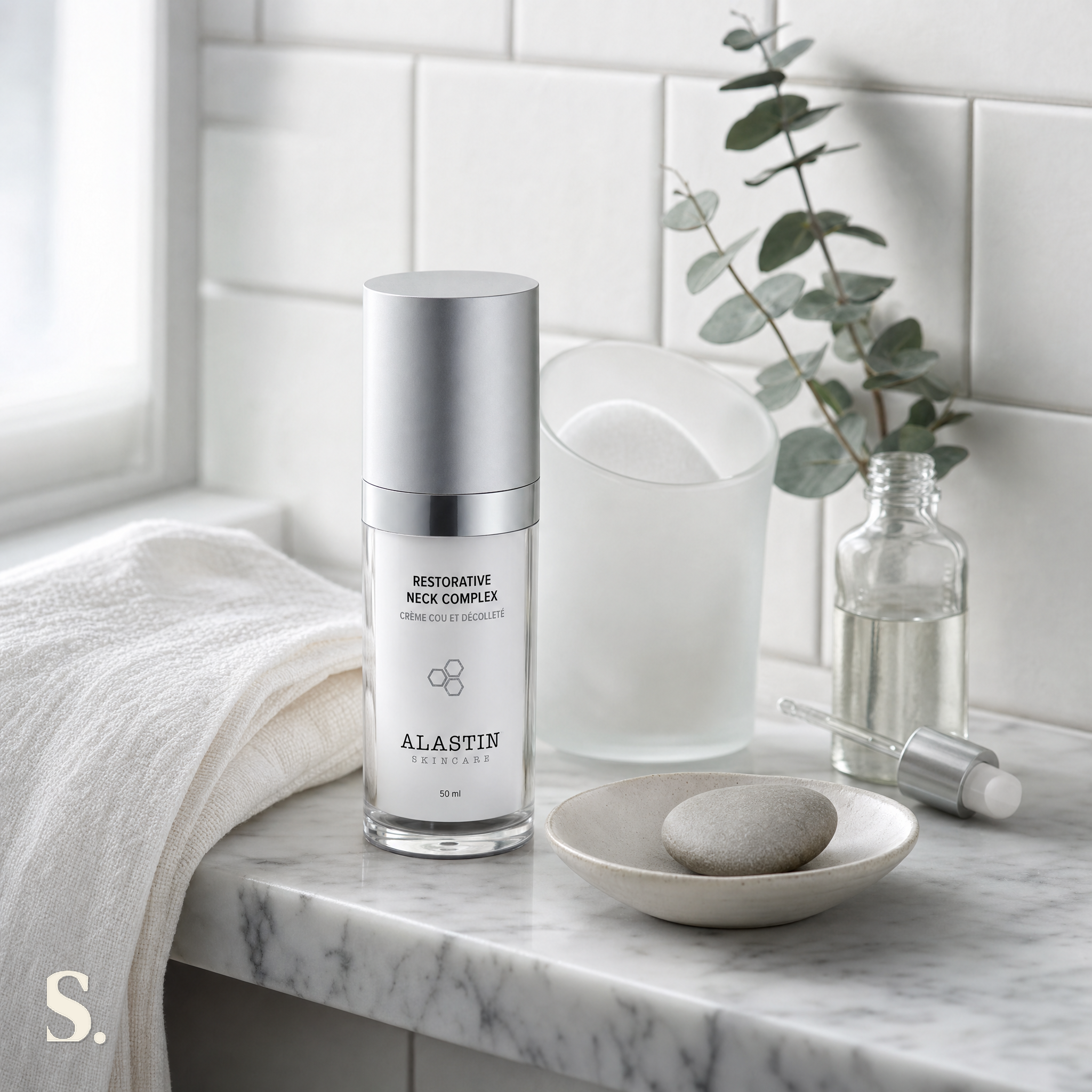 Alastin Restorative Neck Complex® in a lifestyle bathroom setting — Skintique review