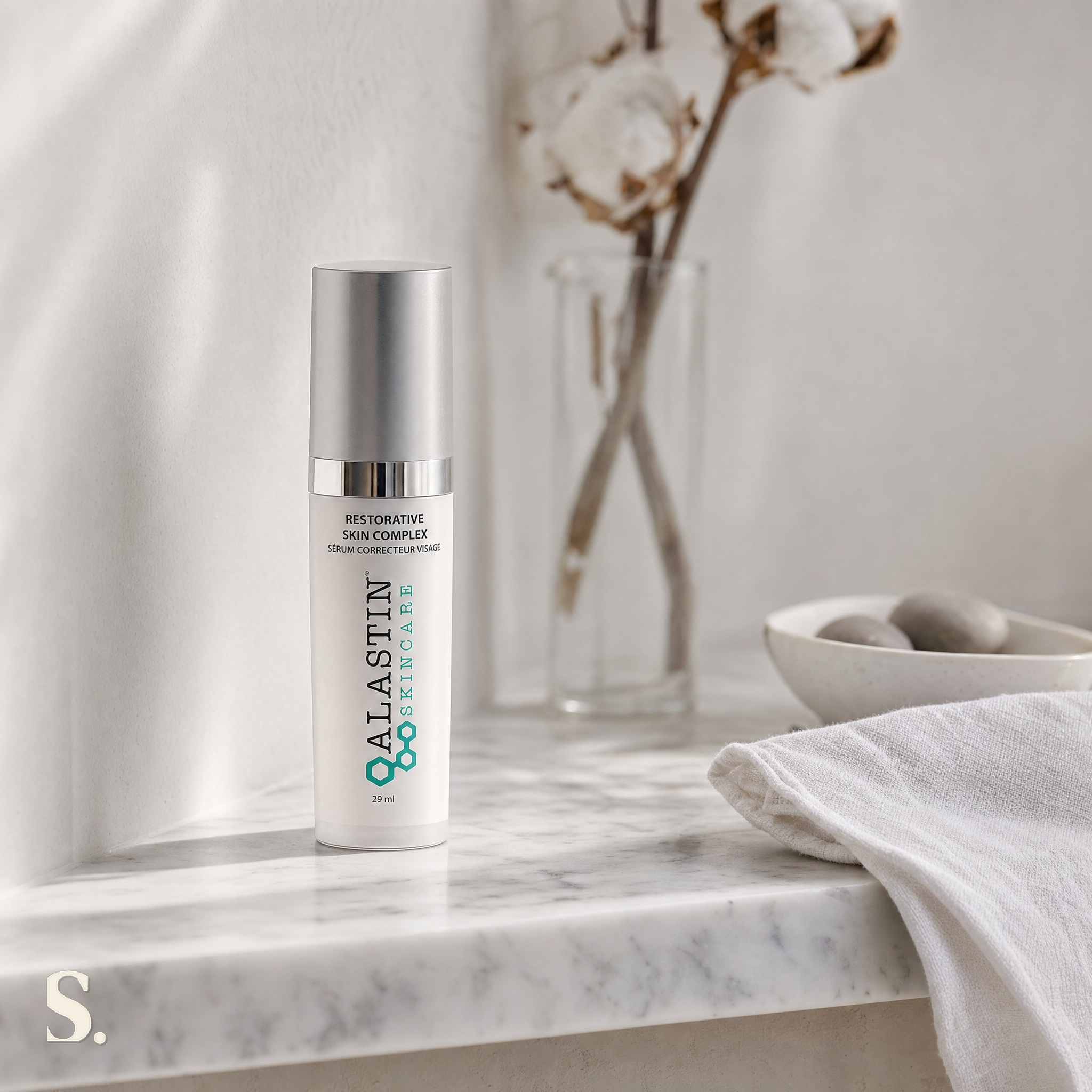 ALASTIN Restorative Skin Complex™ 29.6ml in a lifestyle bathroom setting — Skintique review