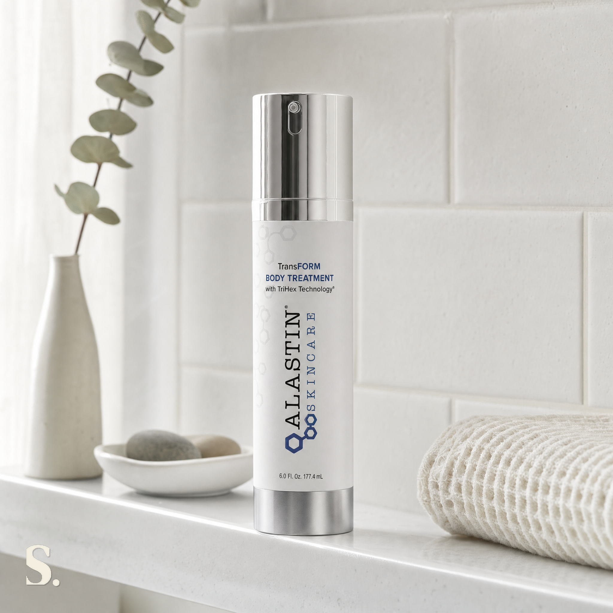 Alastin TransFORM Body Treatment Review in a lifestyle bathroom setting — Skintique review