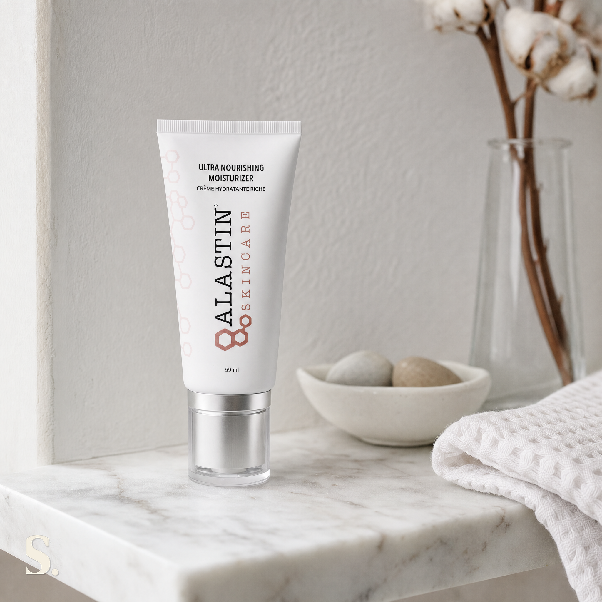 Alastin Ultra Nourishing Moisturiser in a lifestyle bathroom setting — Skintique review
