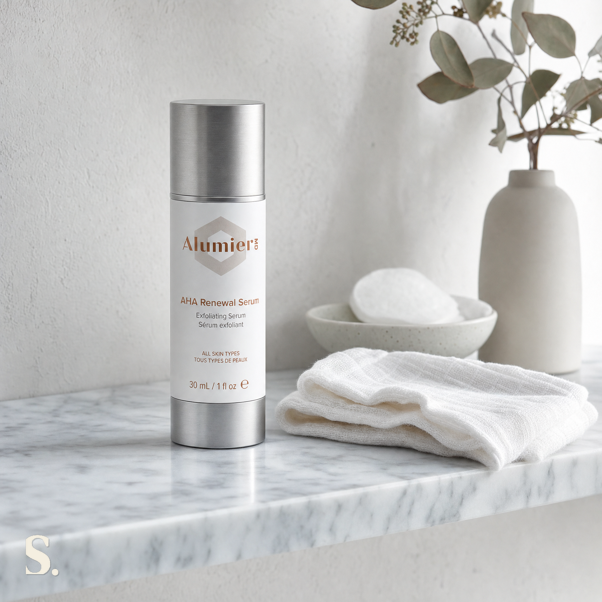 AlumierMD AHA Renewal Serum in a lifestyle bathroom setting — Skintique review