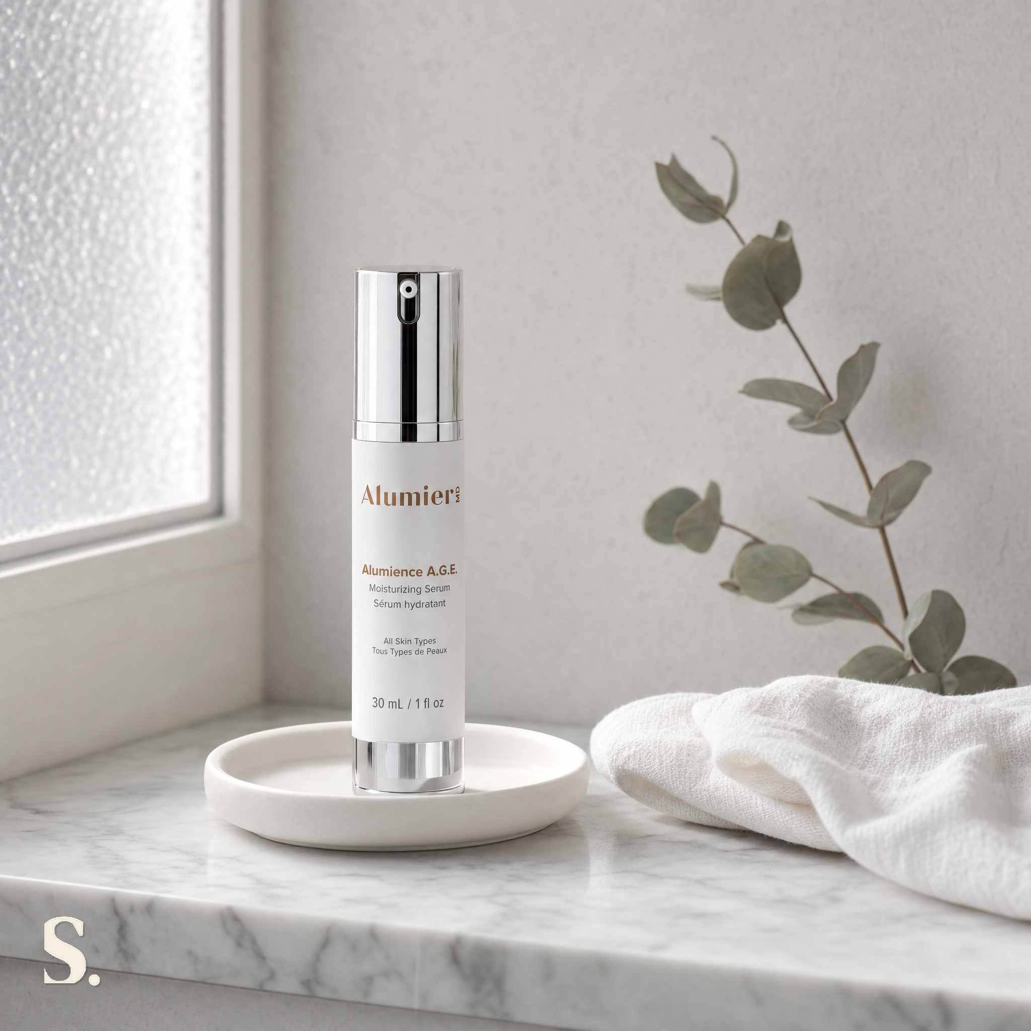 AlumierMD Alumience A.G.E.™ | Anti-Ageing Serum in a lifestyle bathroom setting — Skintique review