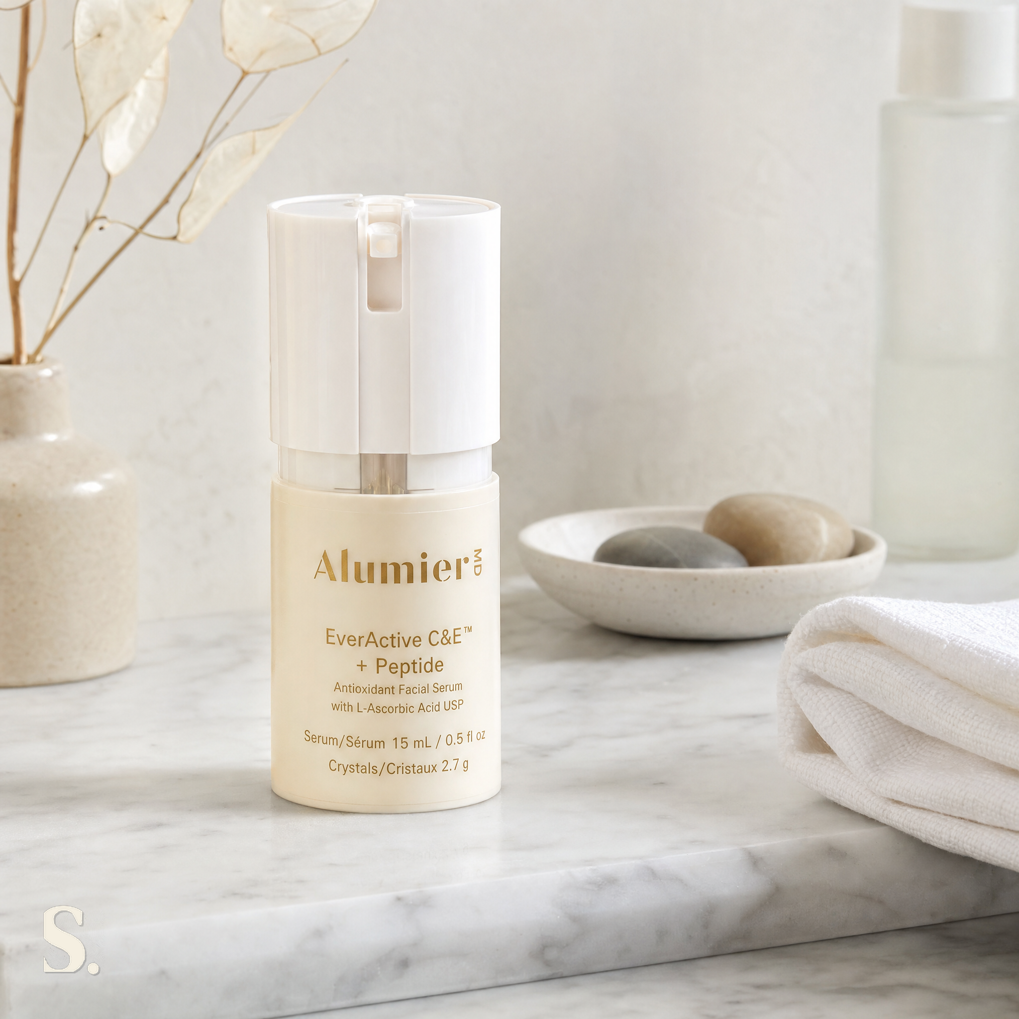 AlumierMD EverActive C&E® + Peptide Serum, in a lifestyle bathroom setting — Skintique review