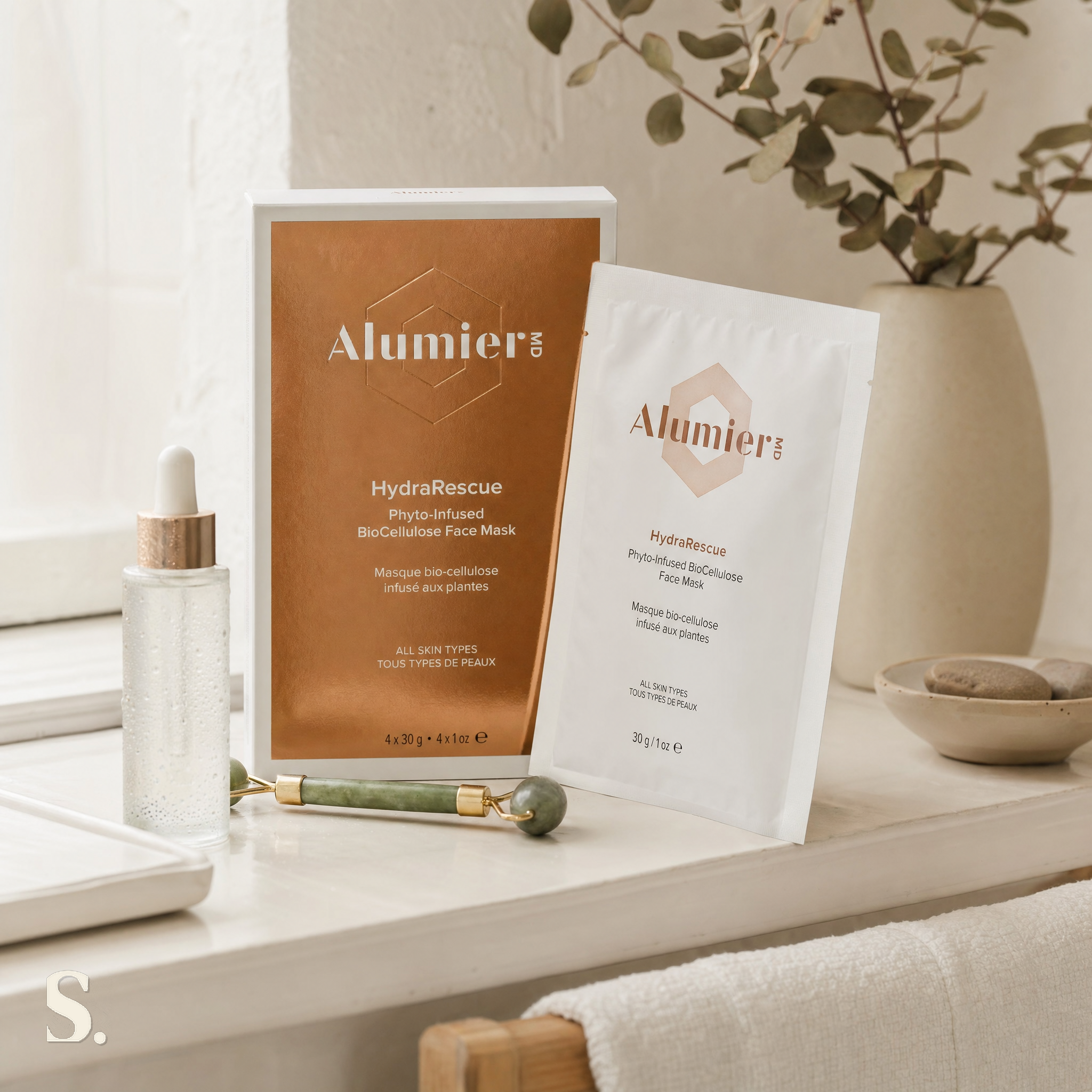AlumierMD HydraRescue BioCellulose Face Mask, in a lifestyle bathroom setting — Skintique review