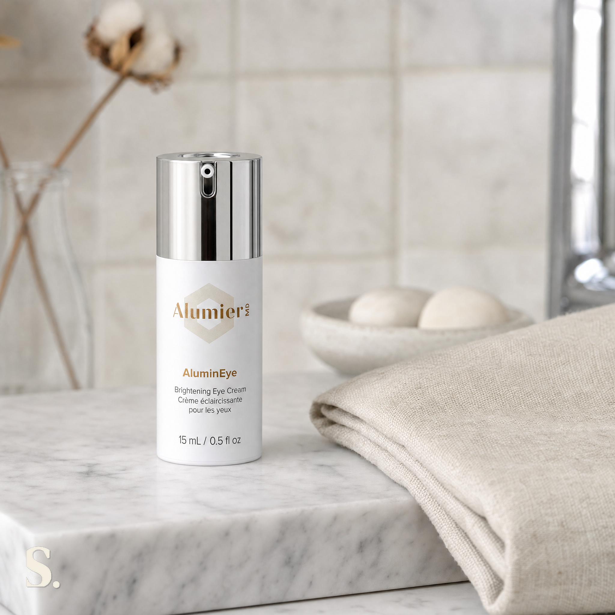 AlumierMD AluminEye Eye Serum, in a lifestyle bathroom setting — Skintique review