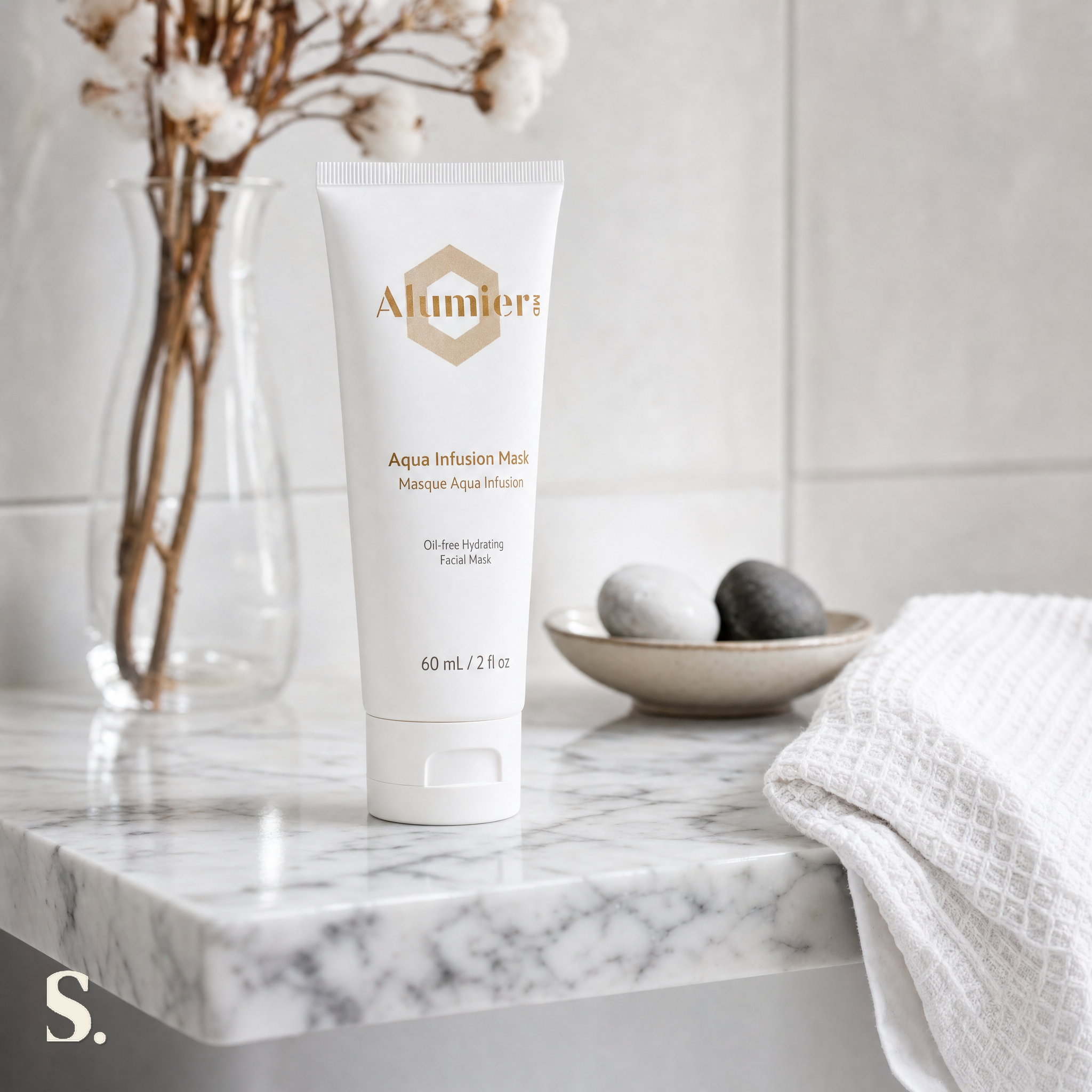 AlumierMD Aqua Infusion Mask, in a lifestyle bathroom setting — Skintique review
