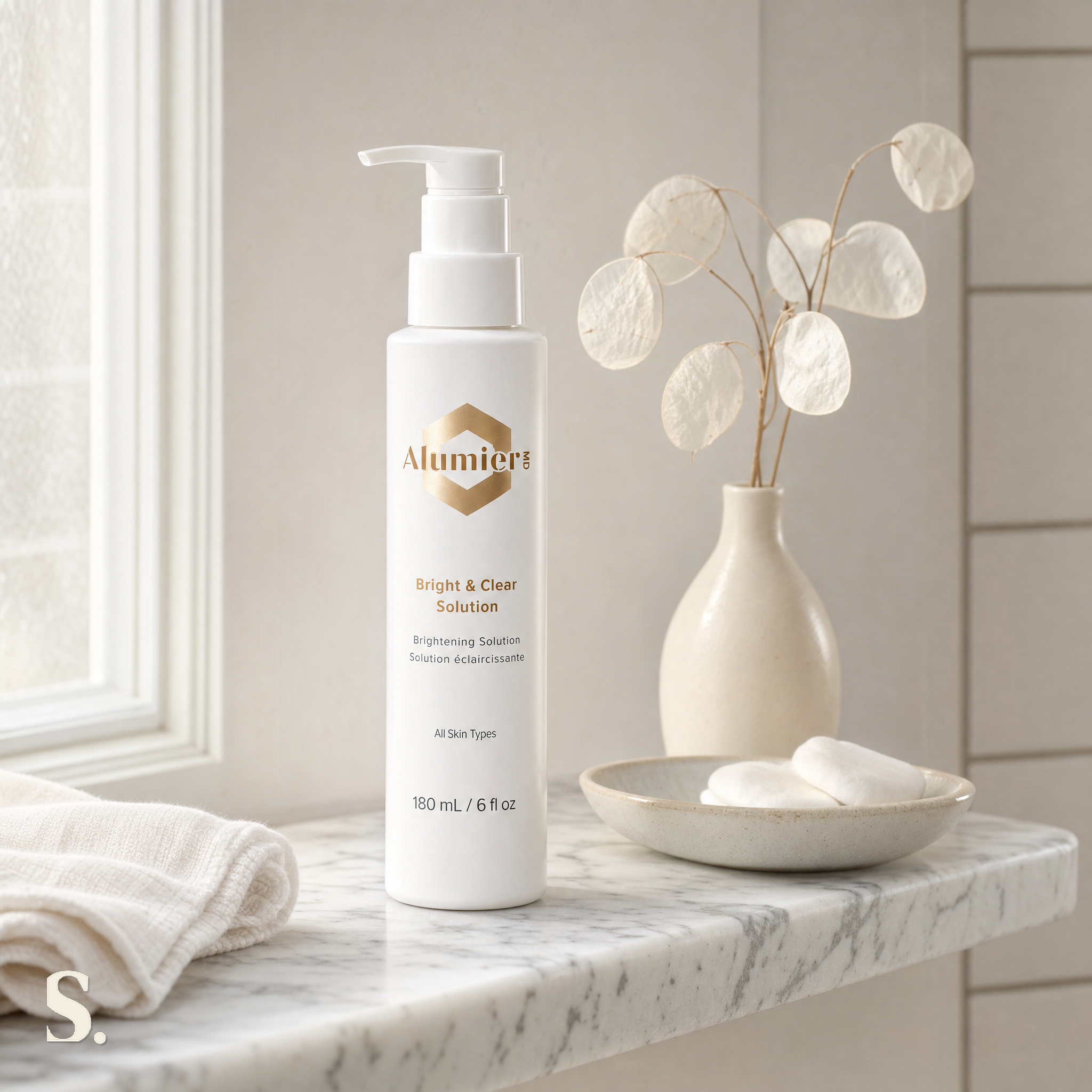 AlumierMD Bright & Clear Solution, in a lifestyle bathroom setting — Skintique review