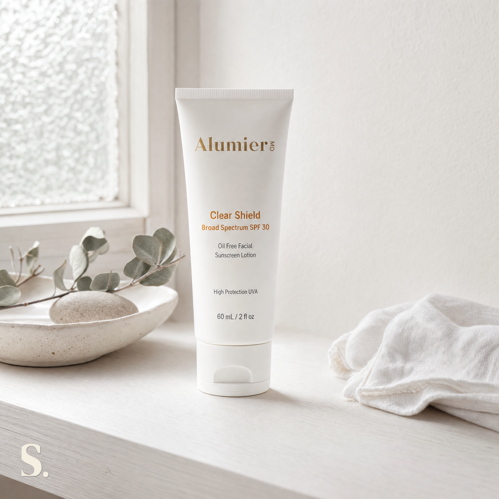AlumierMD Clear Shield Broad Spectrum SPF 30 in a lifestyle bathroom setting — Skintique review