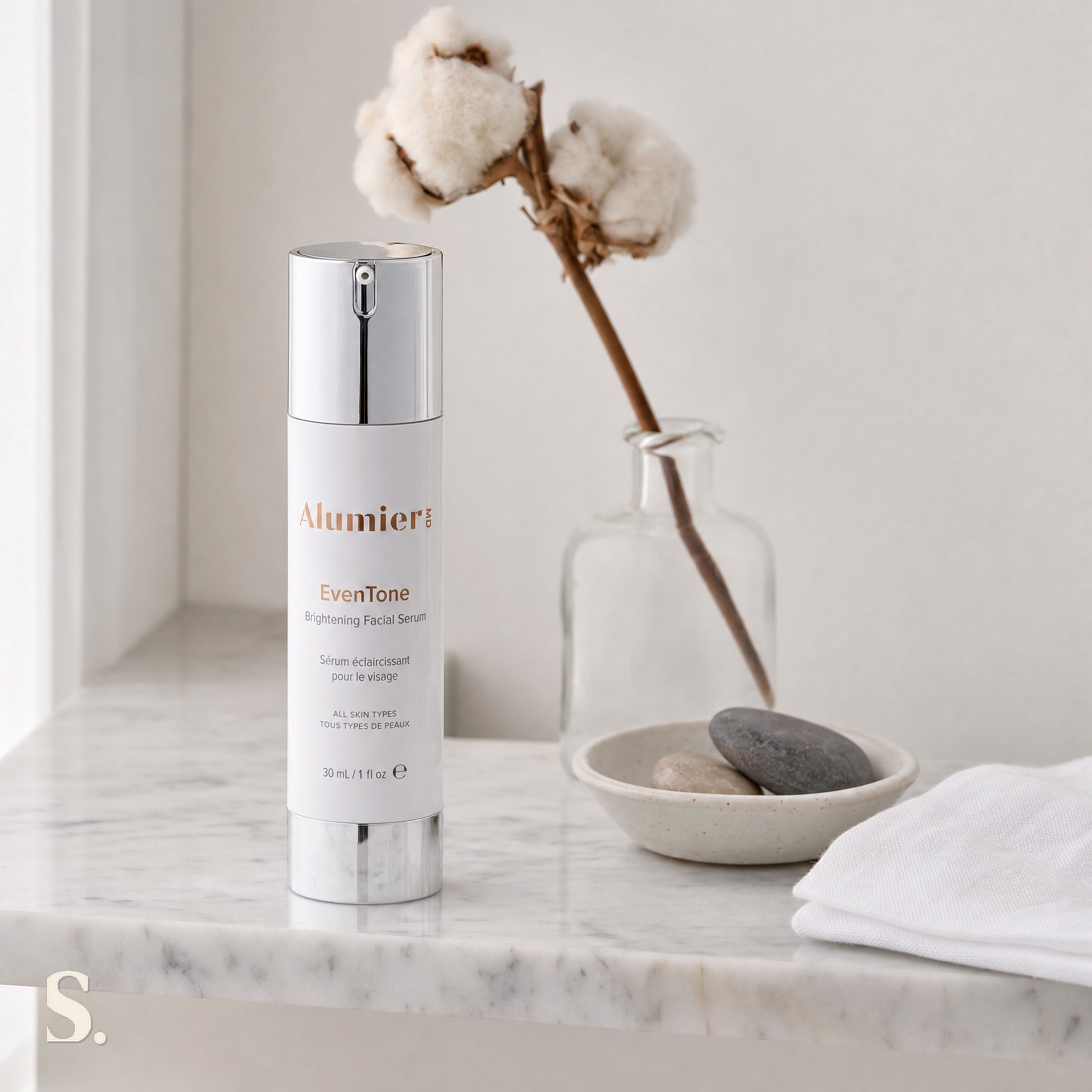 AlumierMD EvenTone in a lifestyle bathroom setting — Skintique review