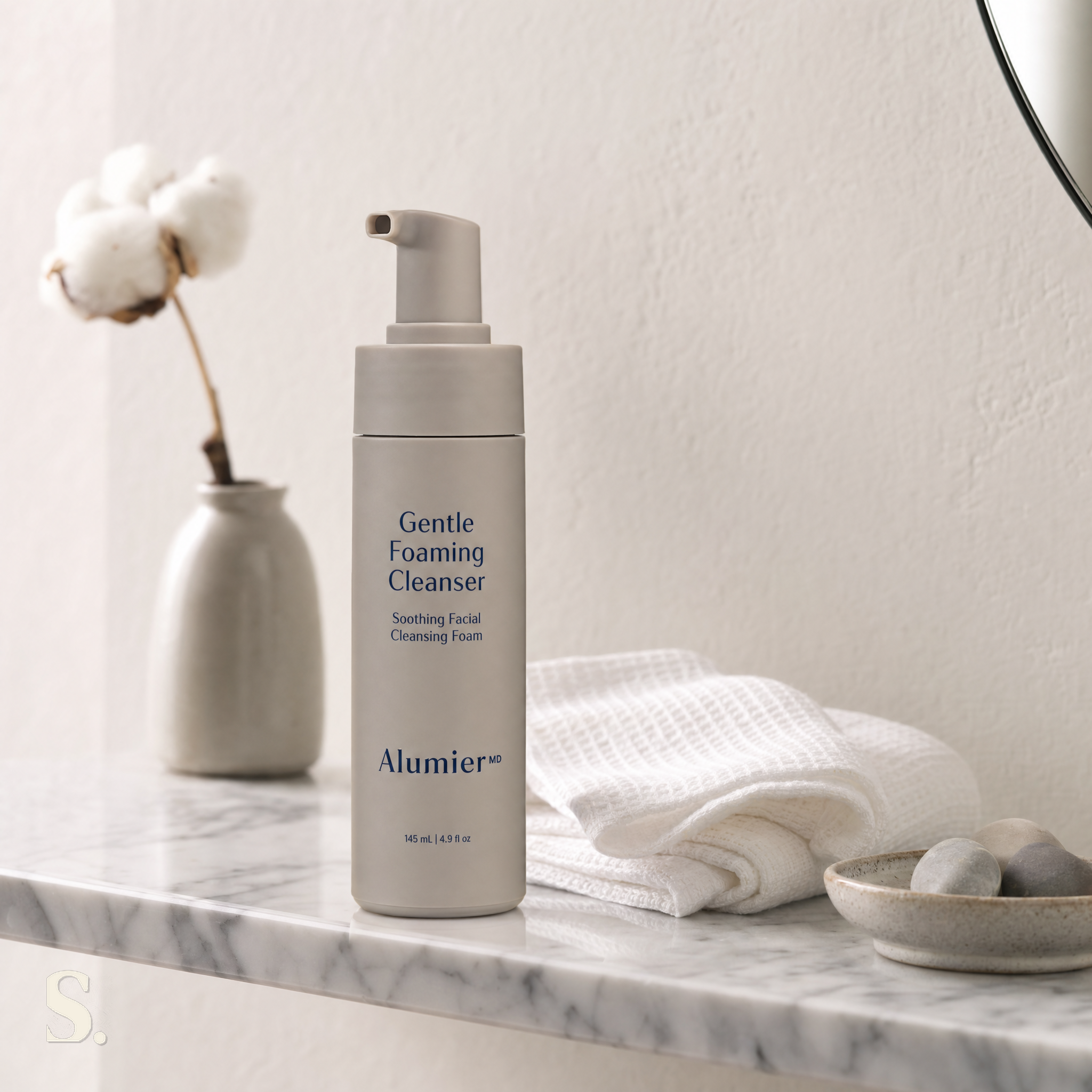 AlumierMD GentleFoaming Cleanser, in a lifestyle bathroom setting — Skintique review