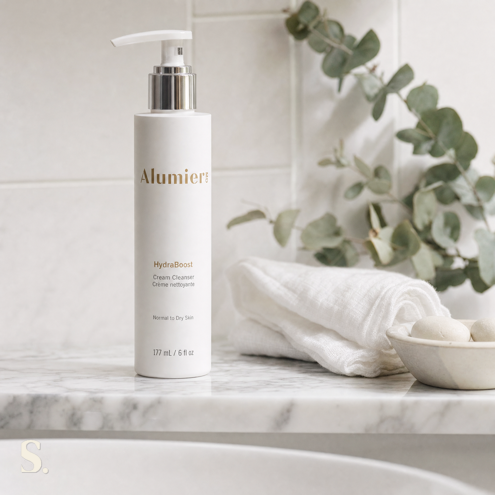 AlumierMD HydraBoost Hydrating Cream Cleanser Review in a lifestyle bathroom setting — Skintique review