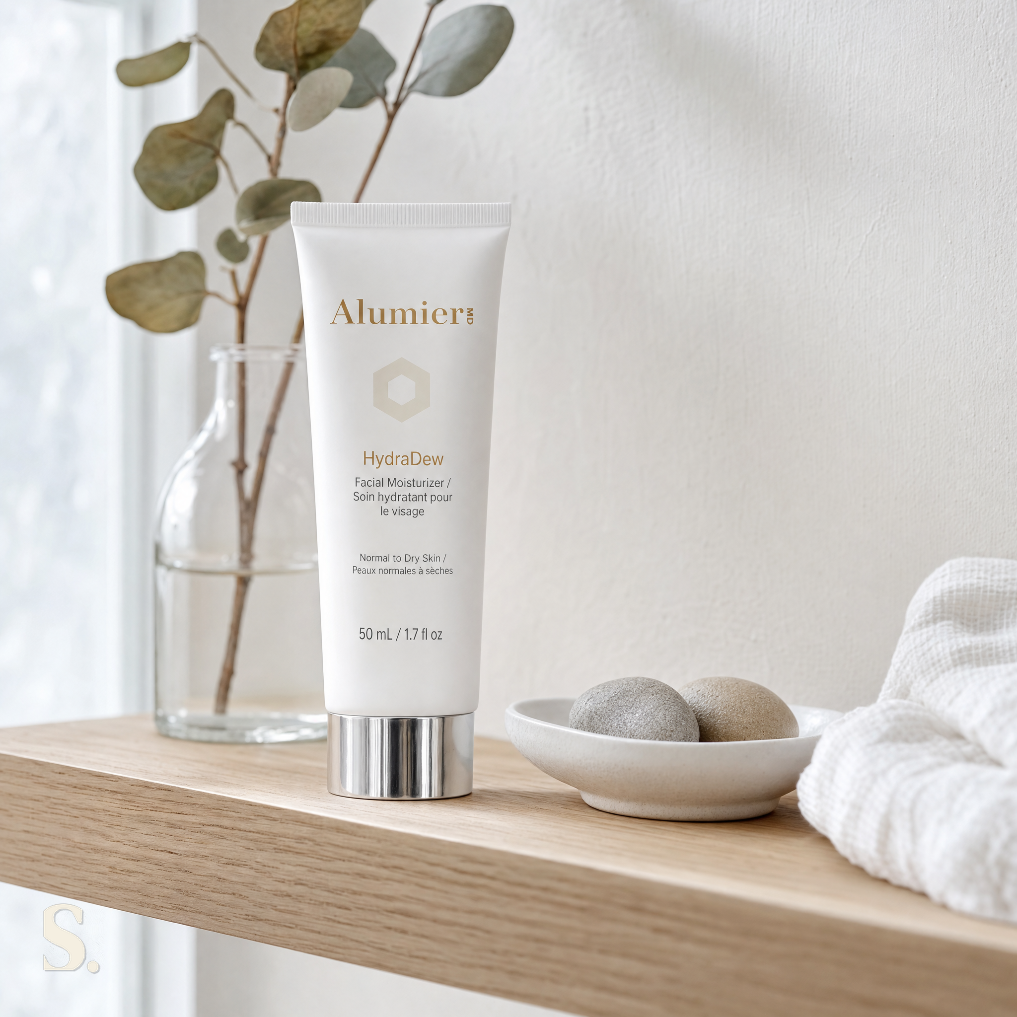 AlumierMD HydraDew Moisturiser, in a lifestyle bathroom setting — Skintique review