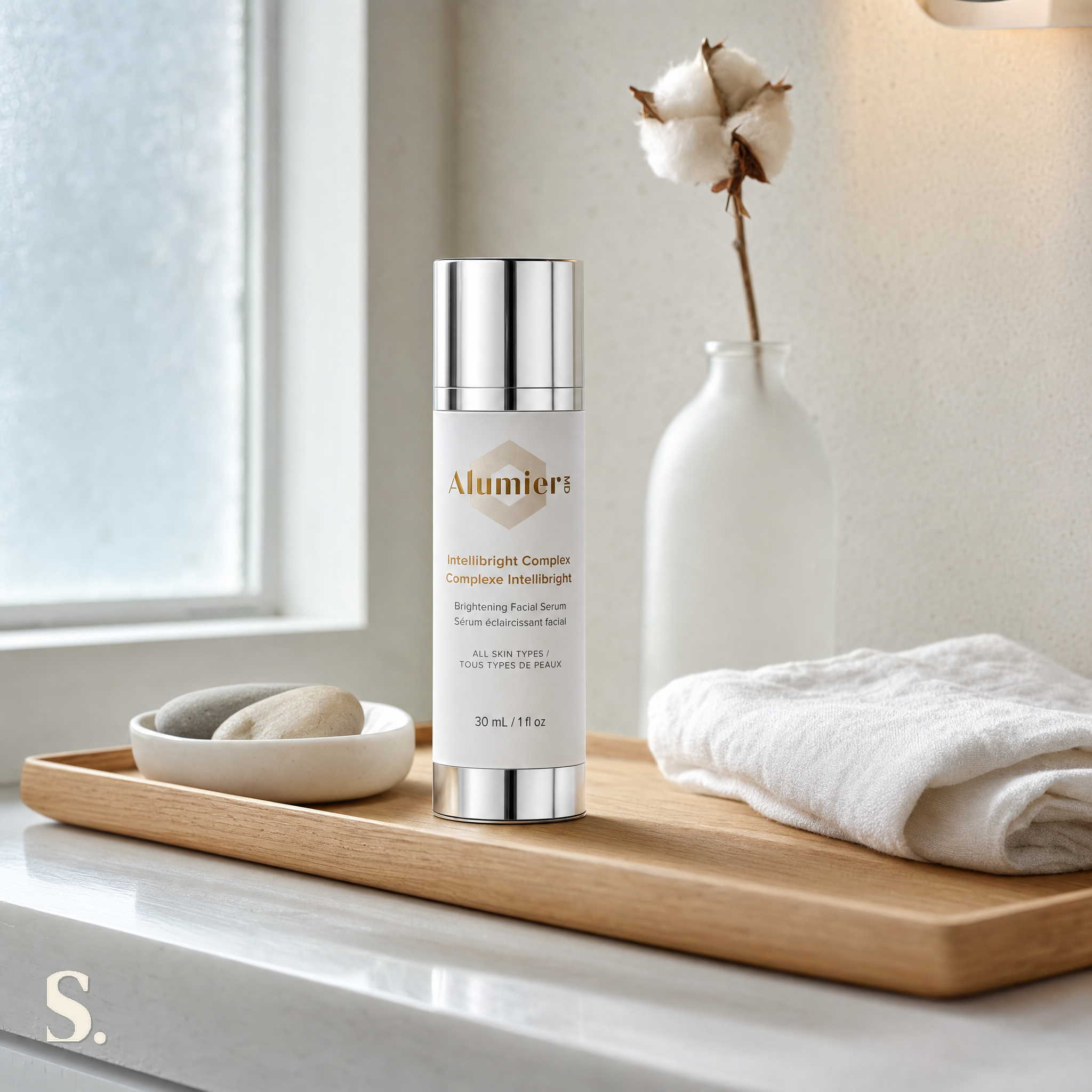 AlumierMD Intellibright Complex Serum, in a lifestyle bathroom setting — Skintique review