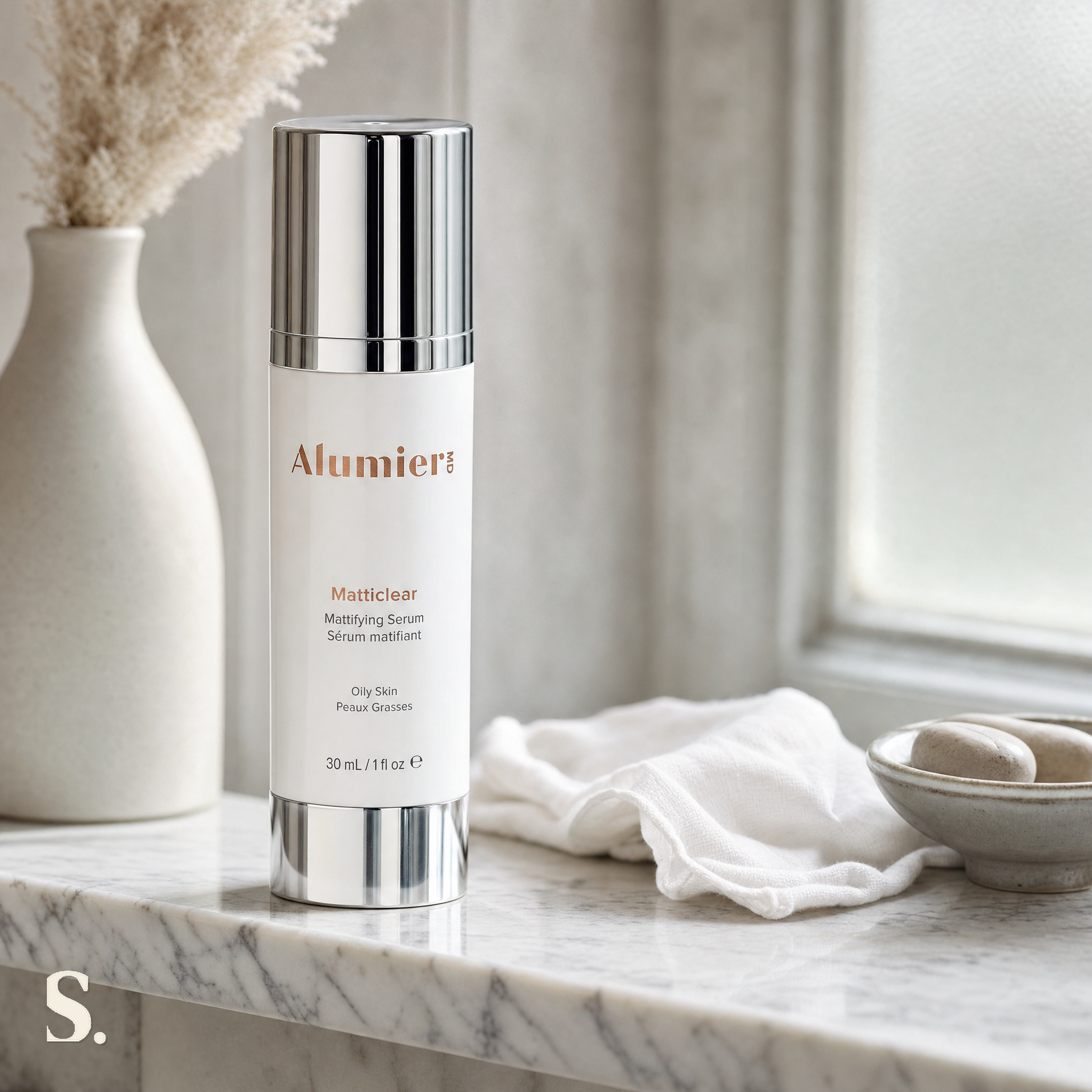 AlumierMD Matticlear Serum in a lifestyle bathroom setting — Skintique review