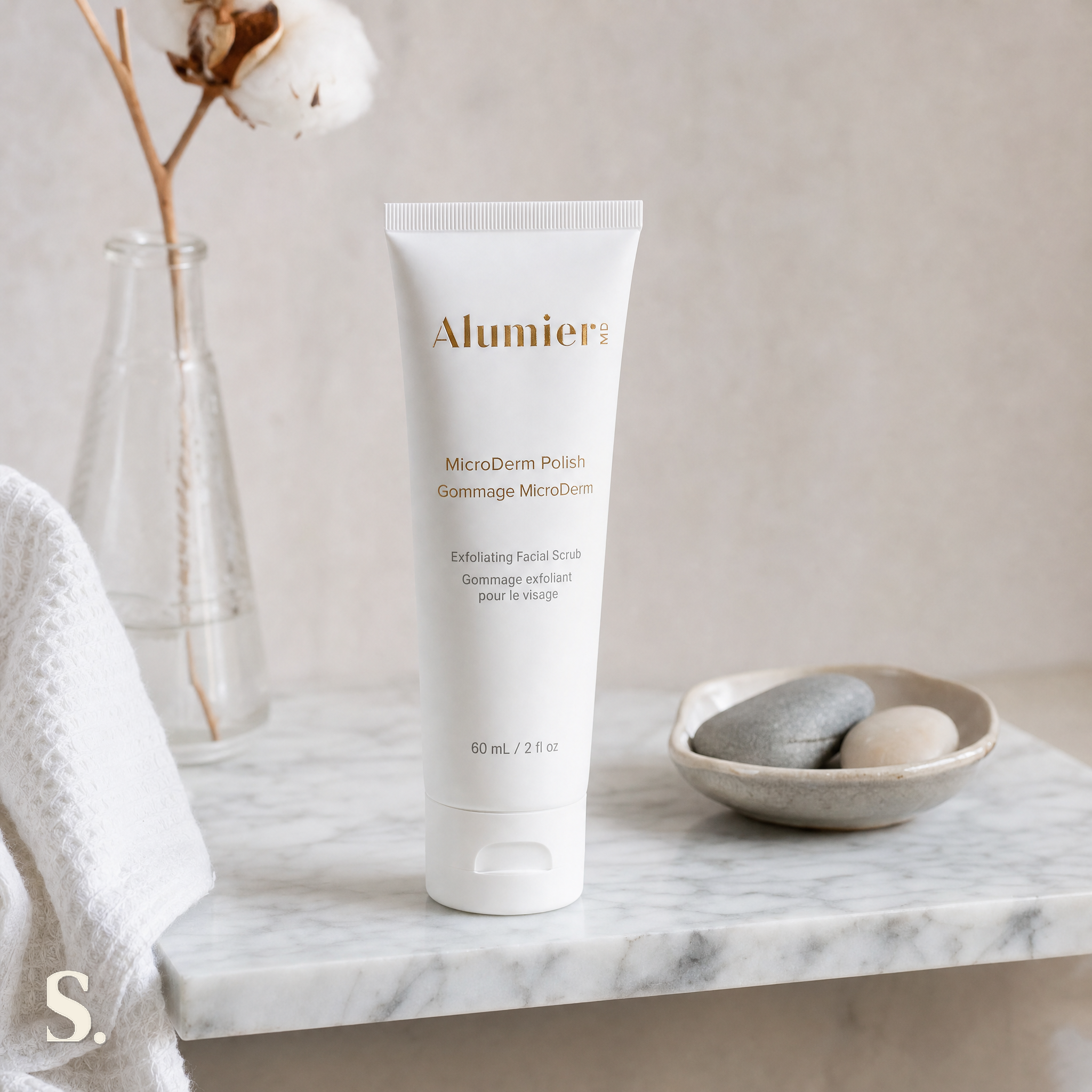 AlumierMD MicroDerm Polish in a lifestyle bathroom setting — Skintique review
