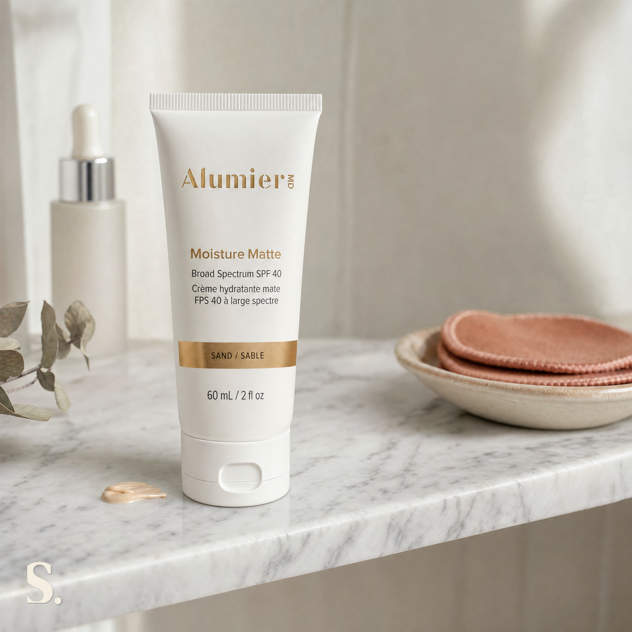 AlumierMD Moisture Matte (Sand) SPF 40 Review in a lifestyle bathroom setting — Skintique review