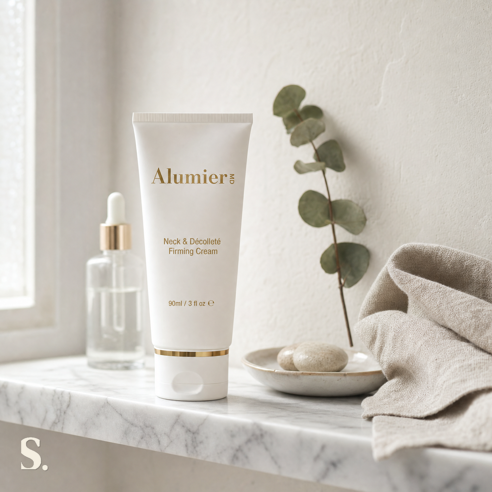 AlumierMD Neck and Décolleté Firming Cream, in a lifestyle bathroom setting — Skintique review