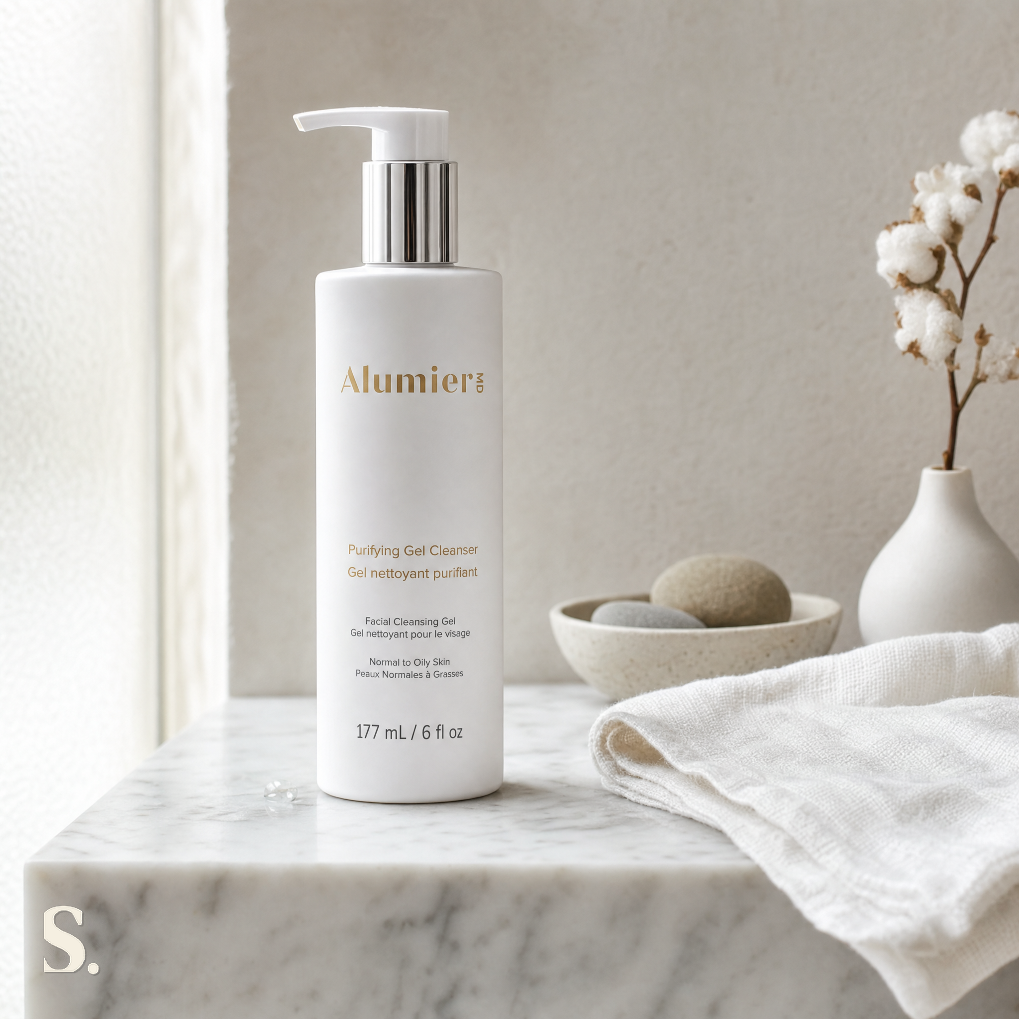 AlumierMD Purifying Gel Cleanser in a lifestyle bathroom setting — Skintique review