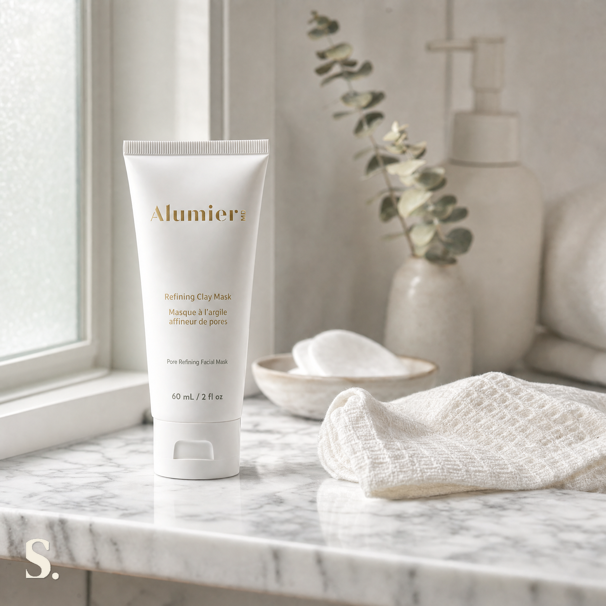 AlumierMD Refining Clay Mask in a lifestyle bathroom setting — Skintique review