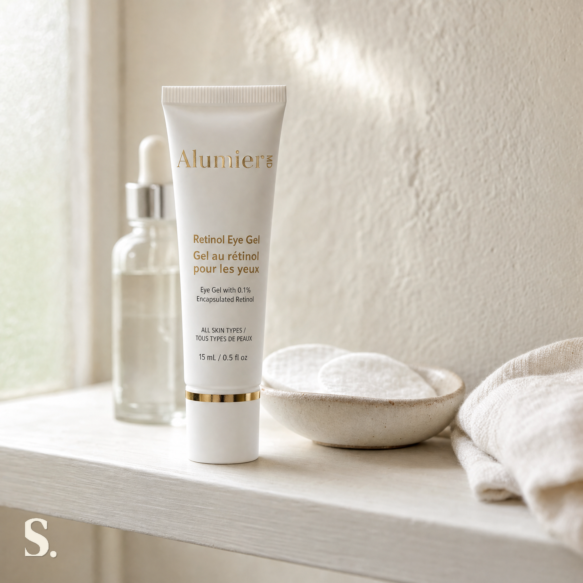 AlumierMD Retinol Eye Gel in a lifestyle bathroom setting — Skintique review