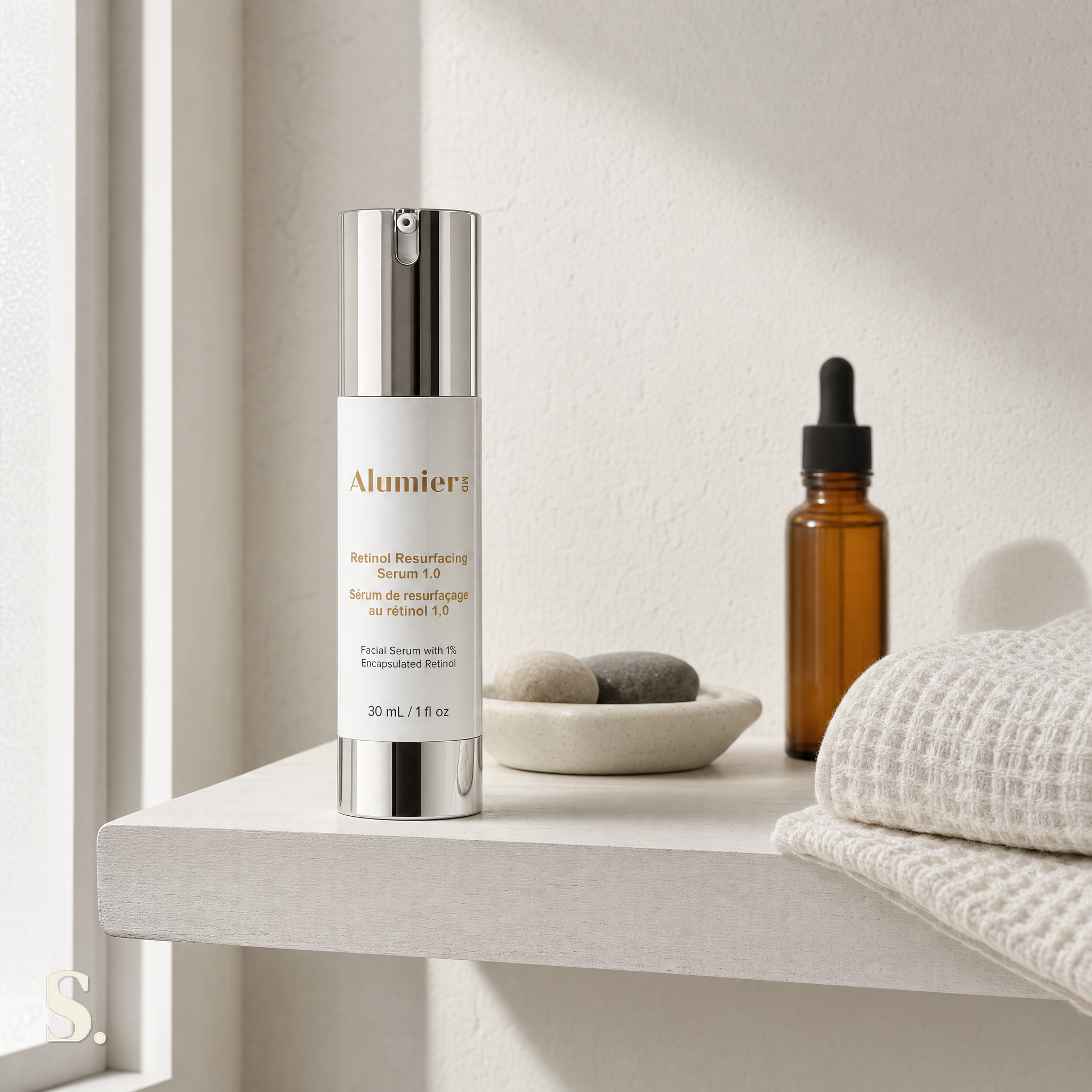 AlumierMD Retinol Resurfacing Serum 1.0 in a lifestyle bathroom setting — Skintique review