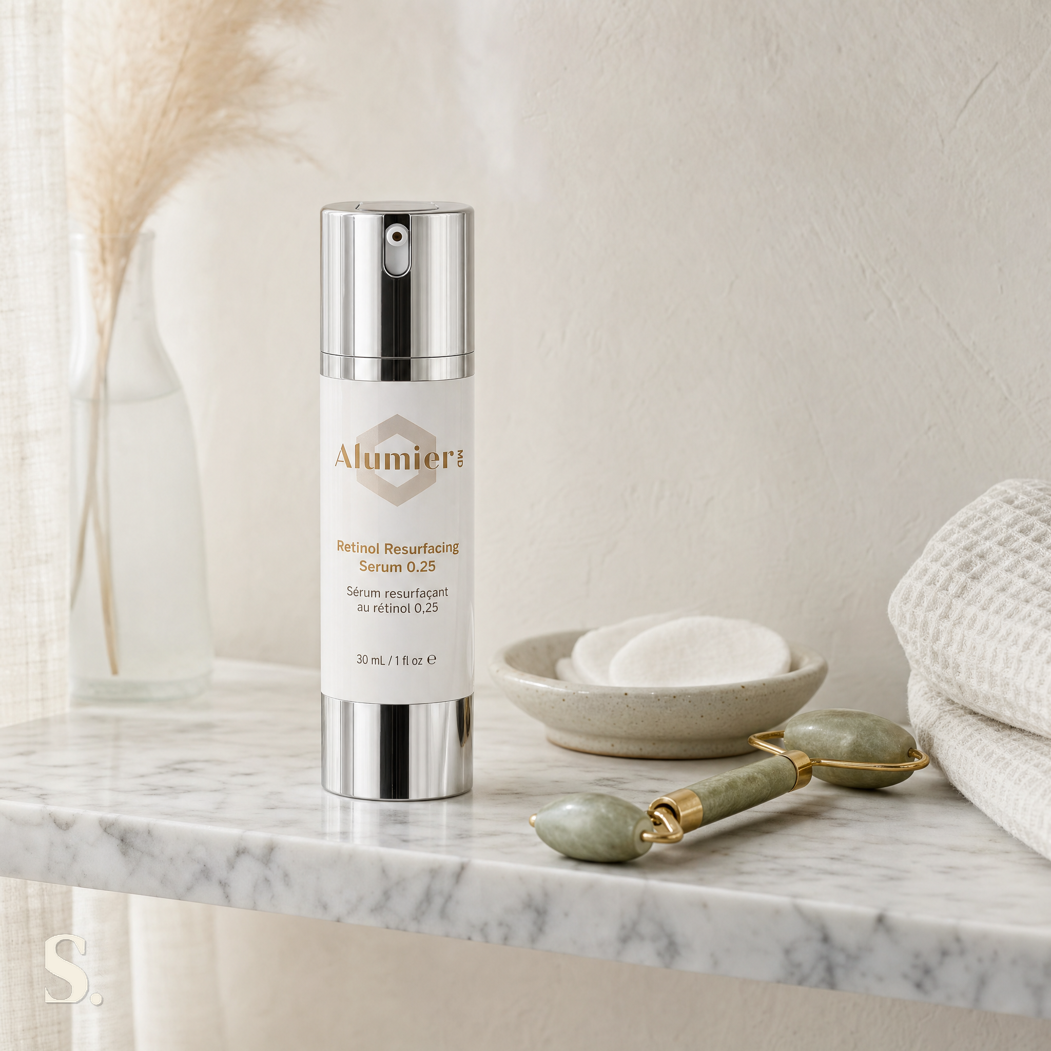 AlumierMD Retinol Resurfacing Serum in a lifestyle bathroom setting — Skintique review