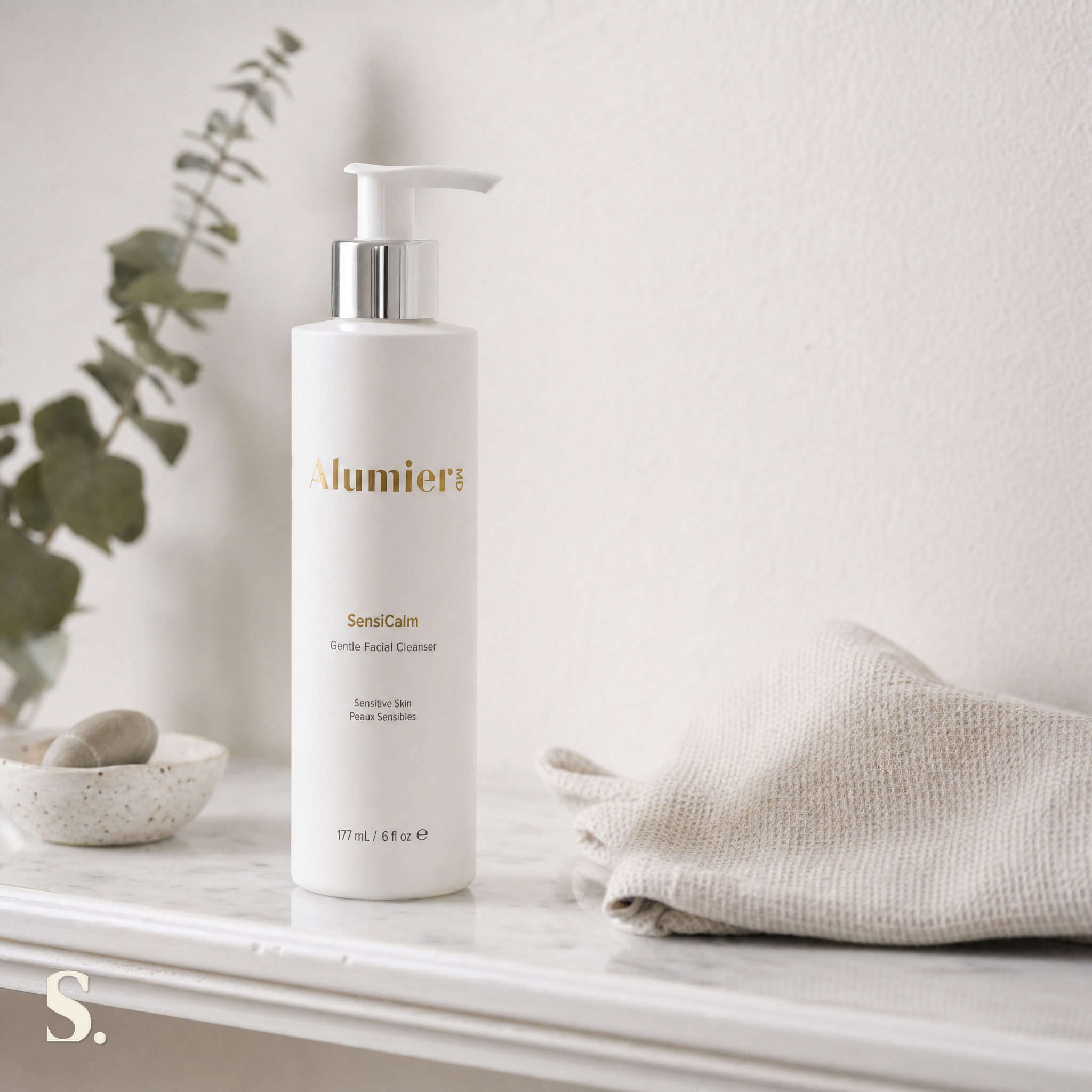 AlumierMD SensiCalm Cleanser, in a lifestyle bathroom setting — Skintique review