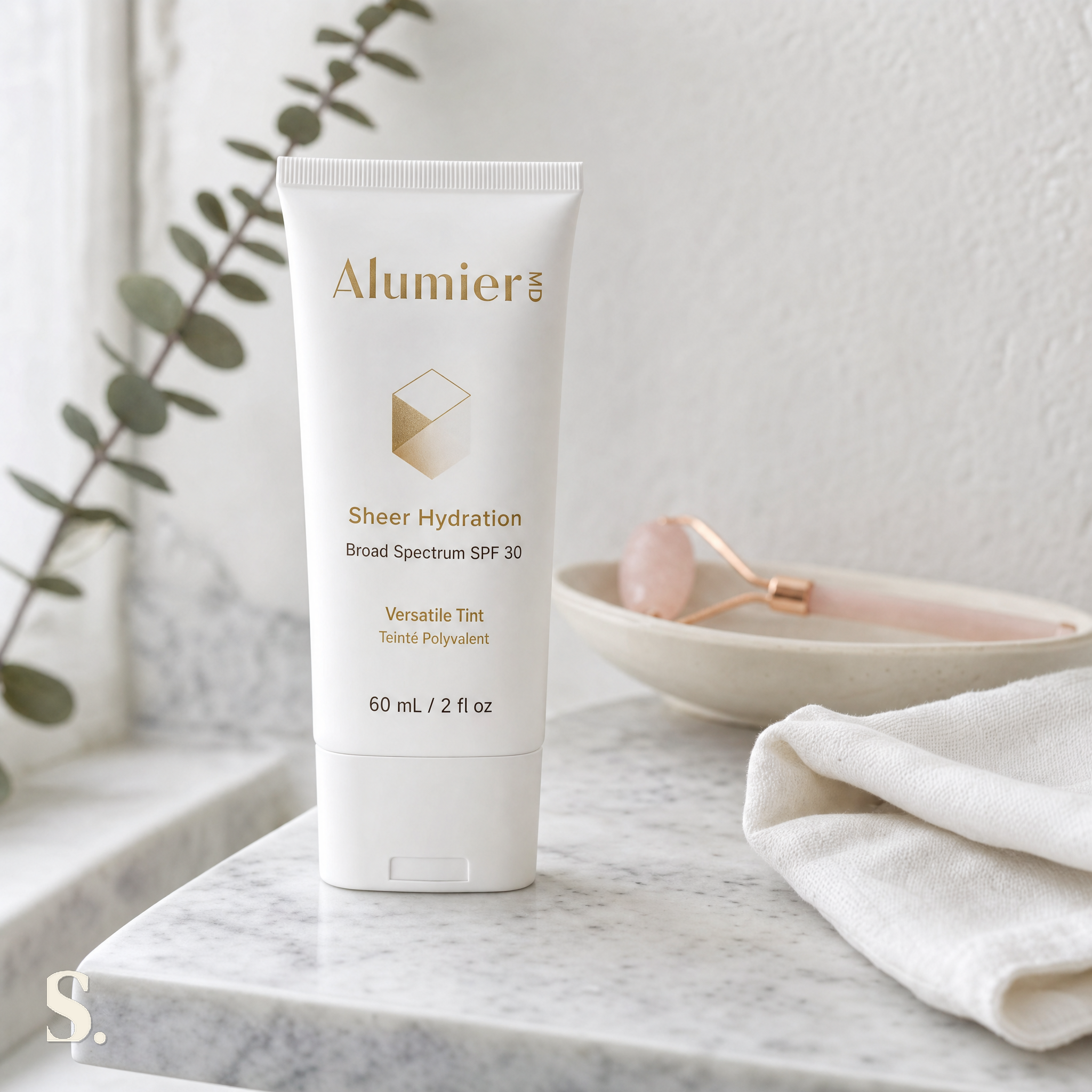 AlumierMD Sheer Hydration (Versatile Tint) Broad Spectrum SPF 30 | 60ml in a lifestyle bathroom setting — Skintique review