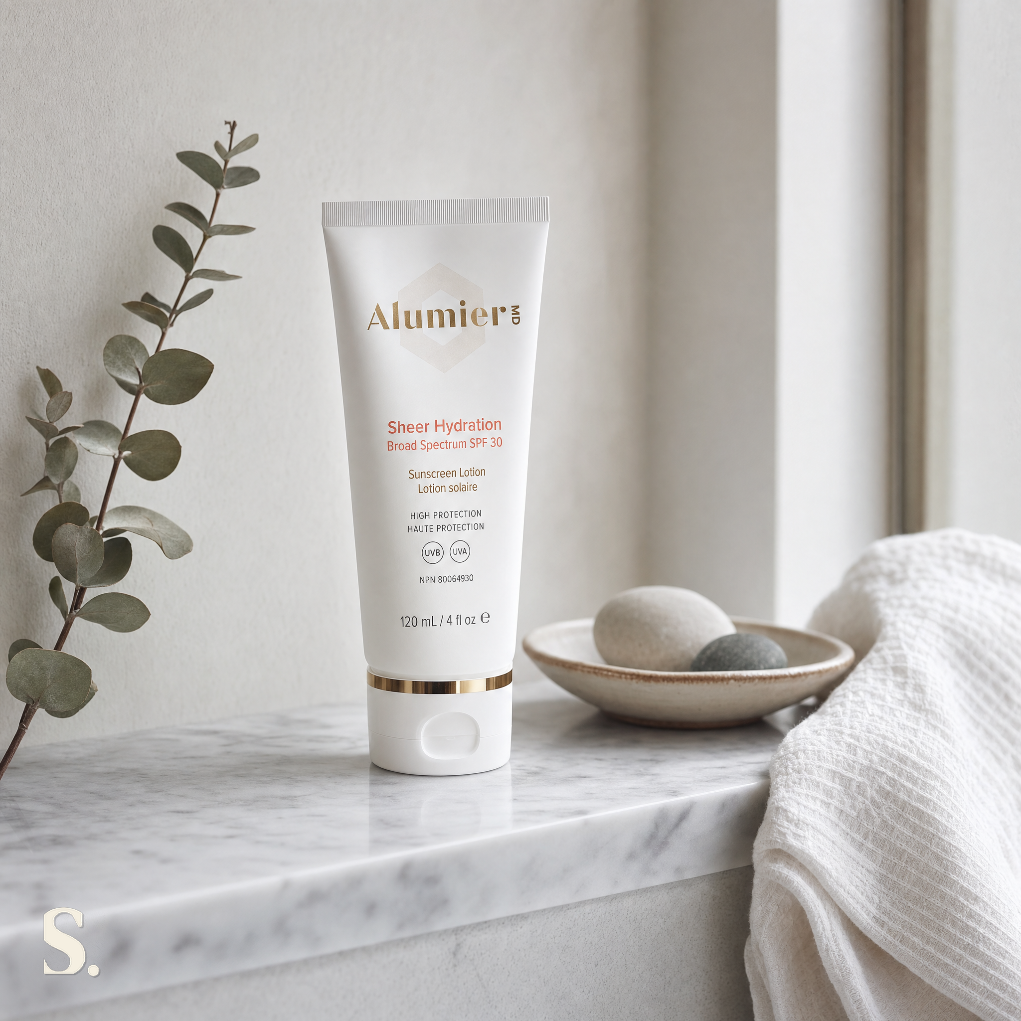 AlumierMD Sheer Hydration Broad Spectrum SPF 30, in a lifestyle bathroom setting — Skintique review