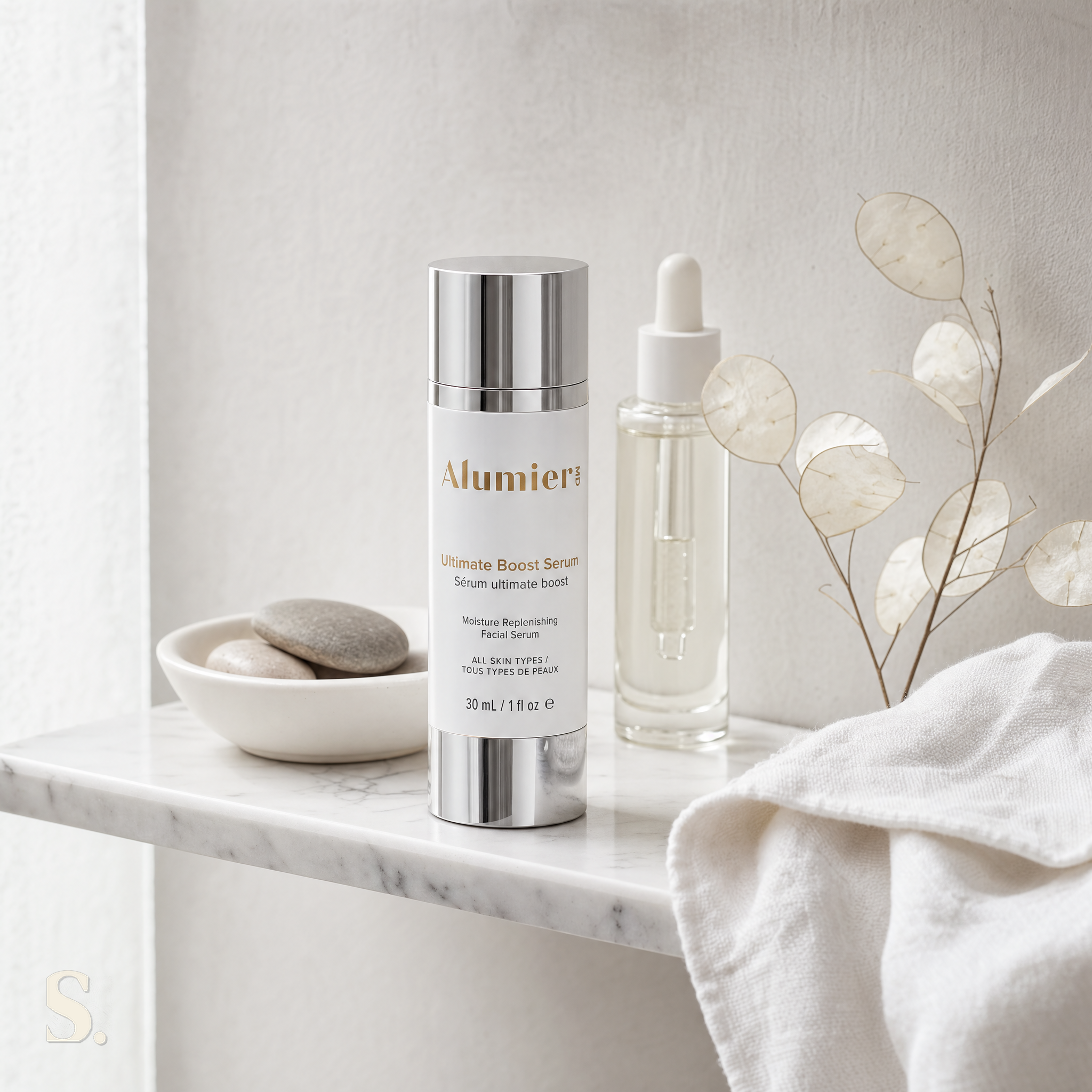 AlumierMD Ultimate Boost Serum, in a lifestyle bathroom setting — Skintique review