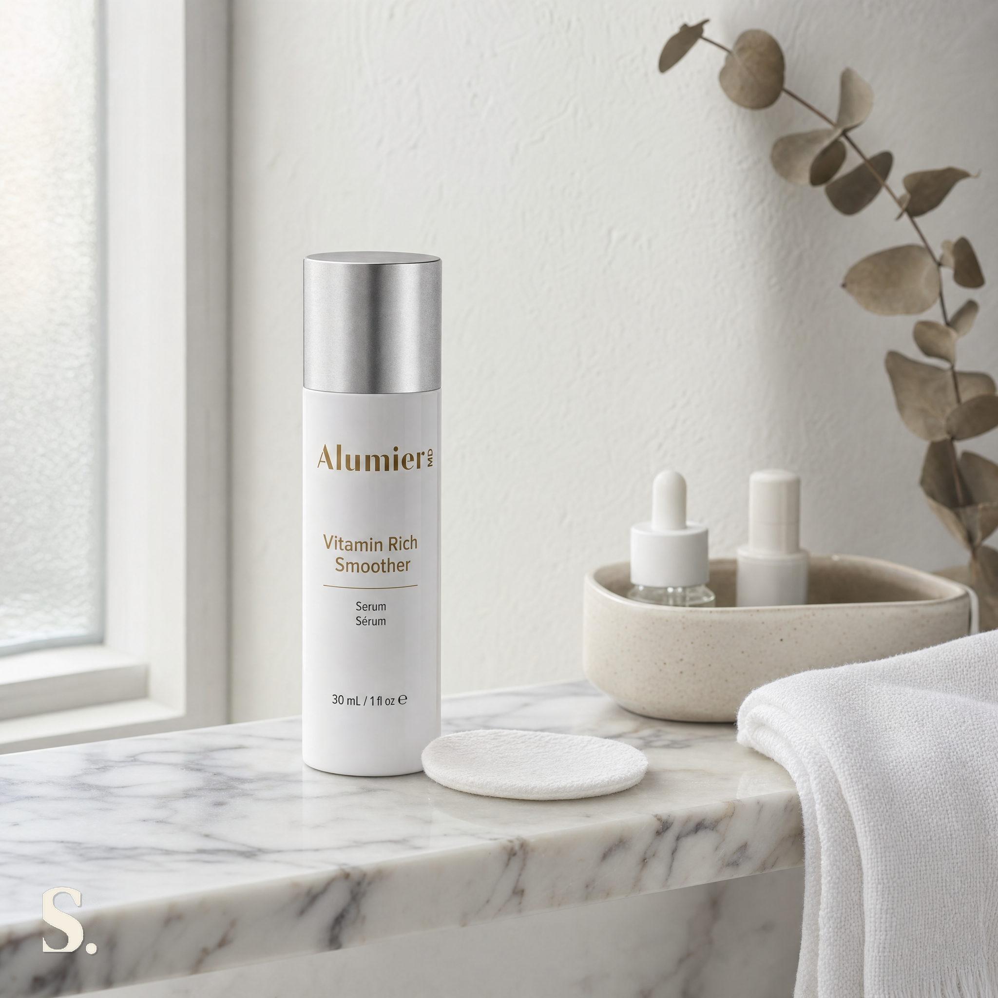 AlumierMD Vitamin Rich Smoother Serum, in a lifestyle bathroom setting — Skintique review