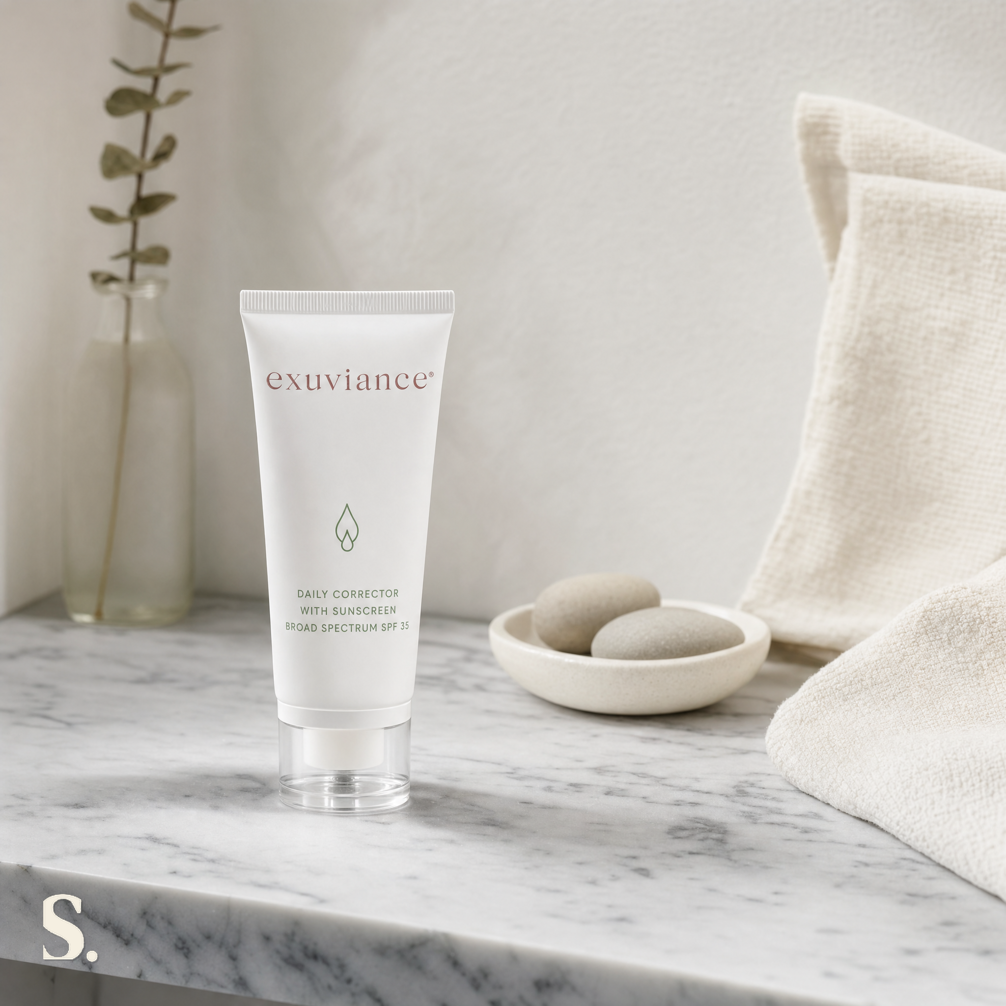 Exuviance Daily Corrector SPF 35 in a lifestyle bathroom setting — Skintique review