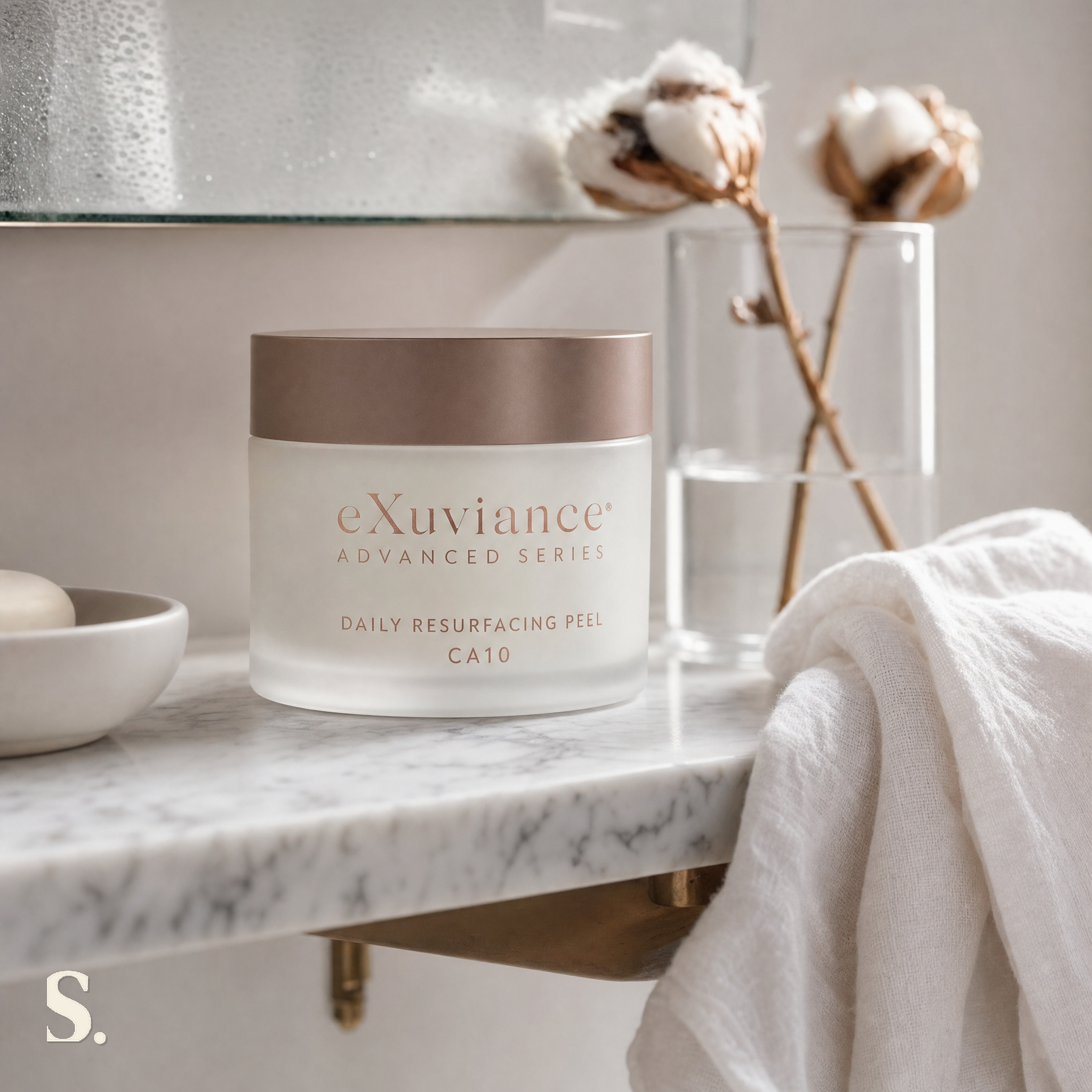 Exuviance Daily Resurfacing Peel CA10 in a lifestyle bathroom setting — Skintique review