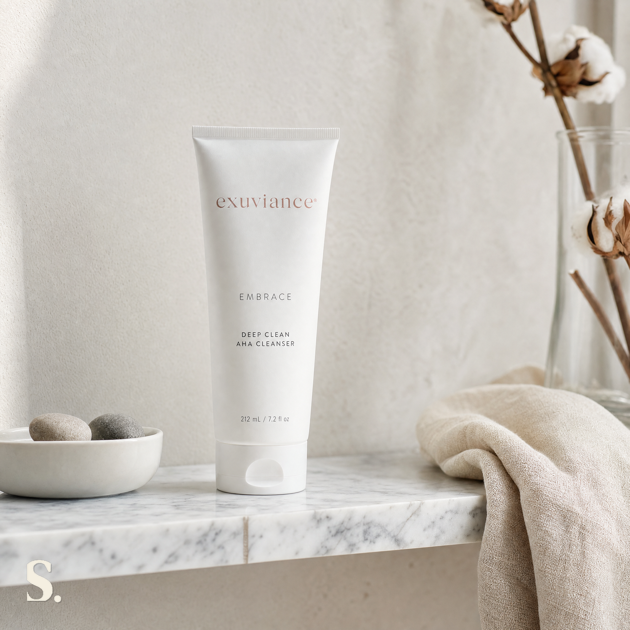 Exuviance Deep Clean AHA Cleanser in a lifestyle bathroom setting — Skintique review