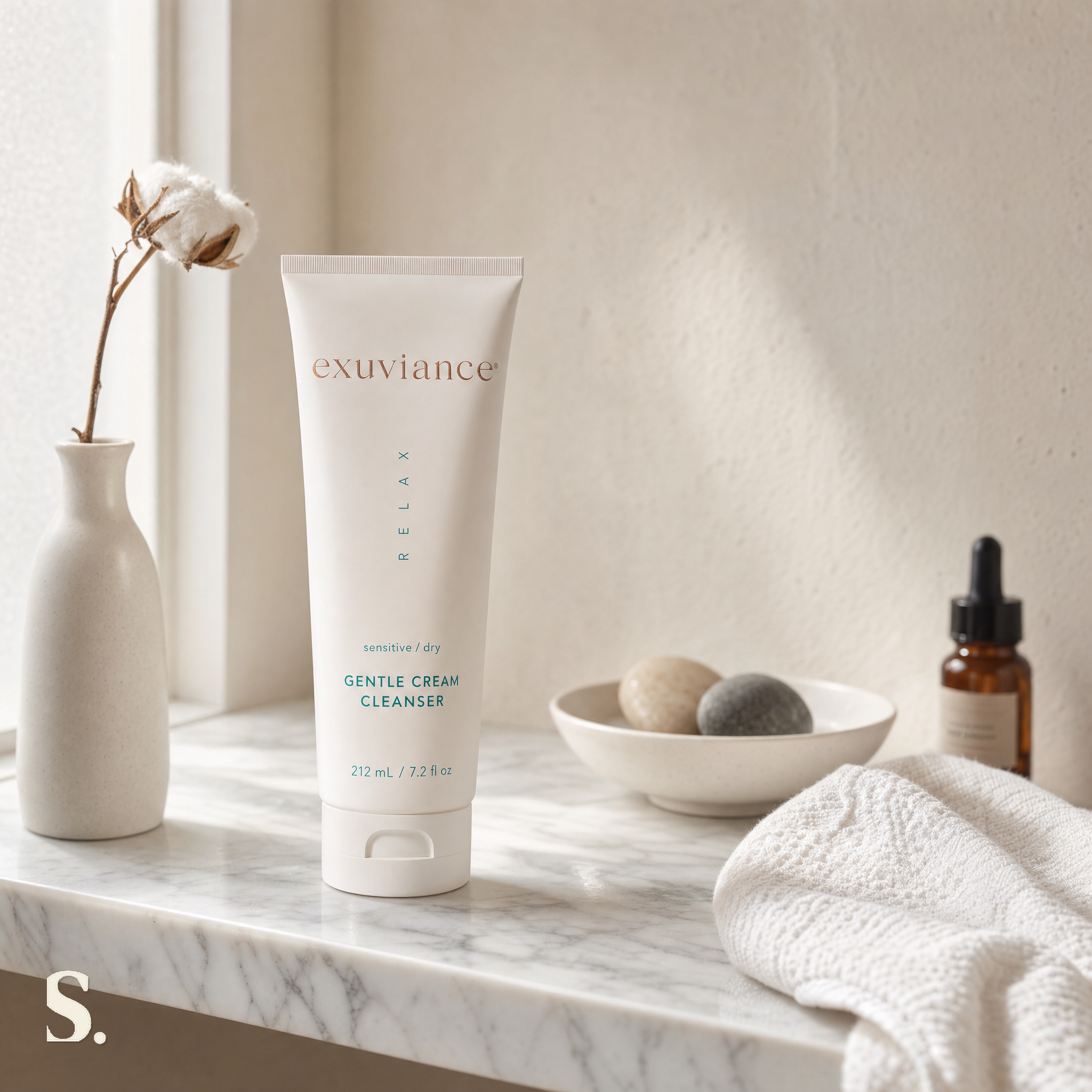 Exuviance Gentle Cream Cleanser in a lifestyle bathroom setting — Skintique review