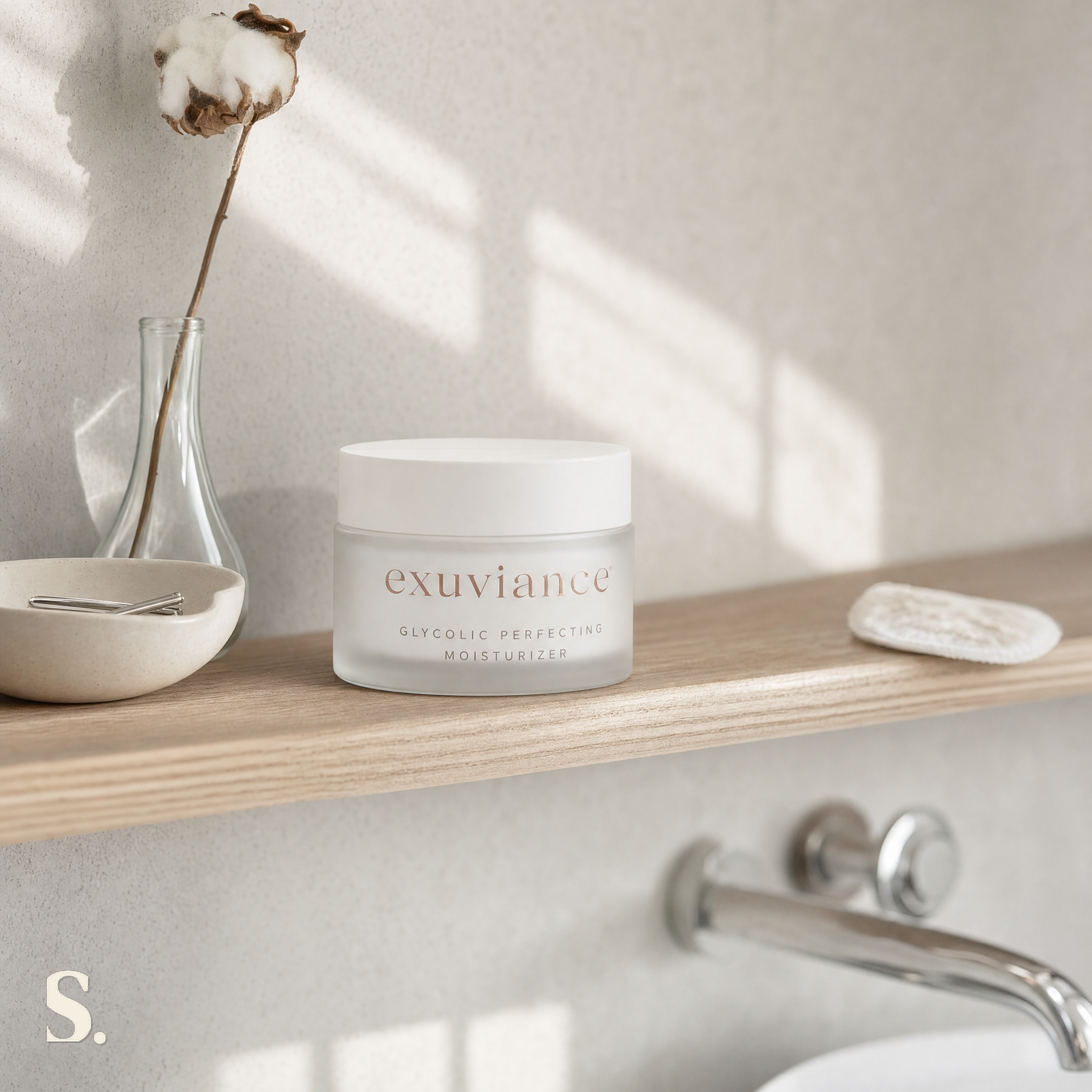 Exuviance Glycolic Perfecting Moisturiser in a lifestyle bathroom setting — Skintique review