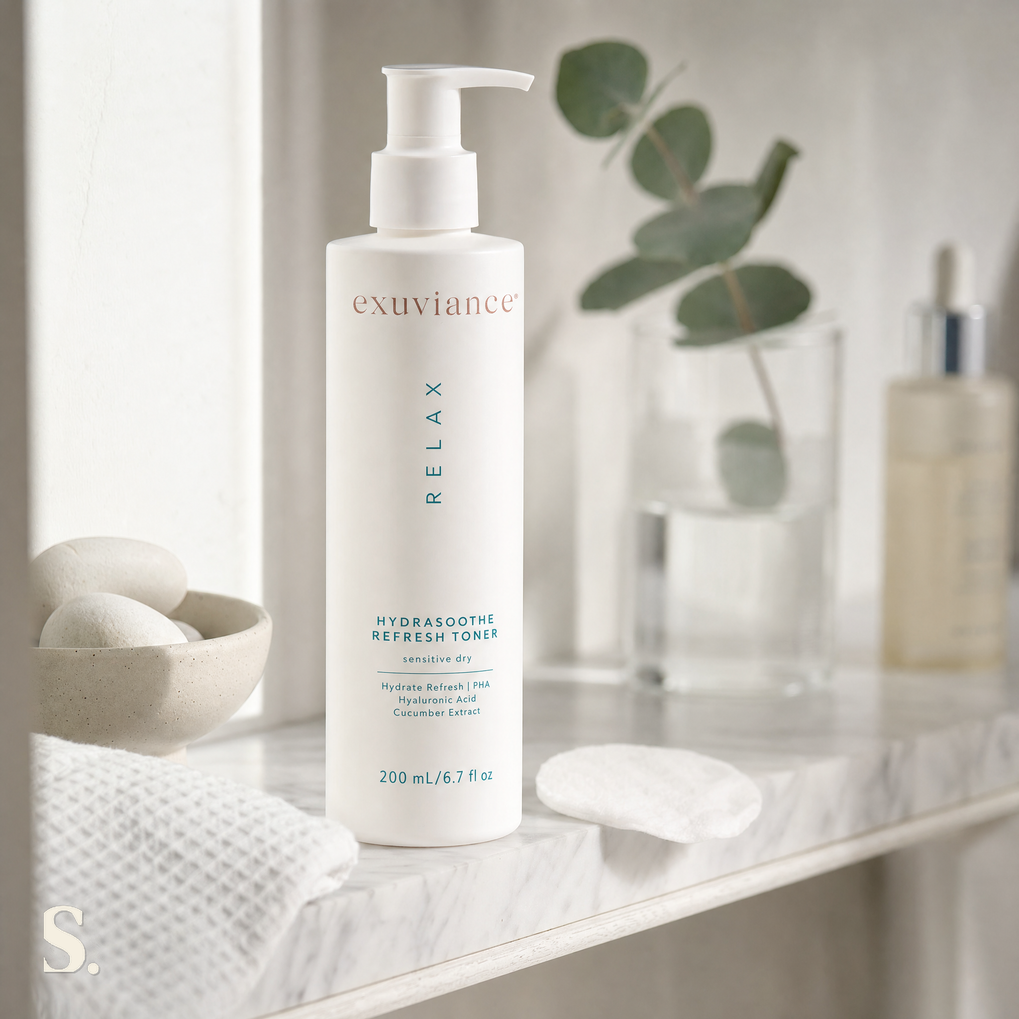Exuviance HydraSoothe Refresh Toner Review in a lifestyle bathroom setting — Skintique review