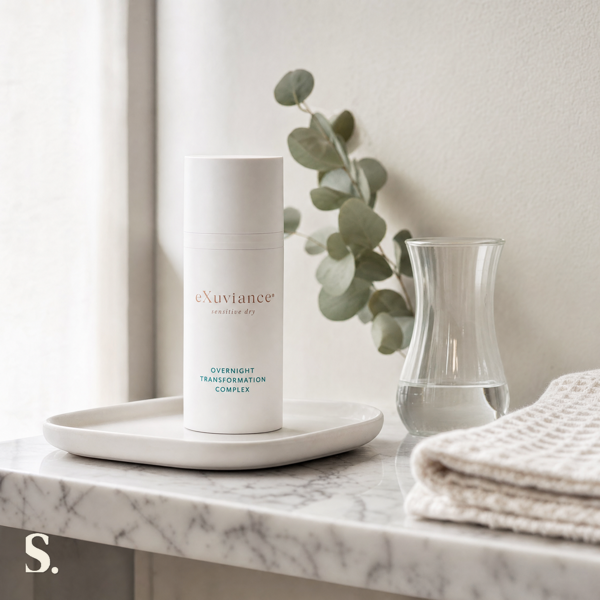 Exuviance Overnight Transformation Complex in a lifestyle bathroom setting — Skintique review