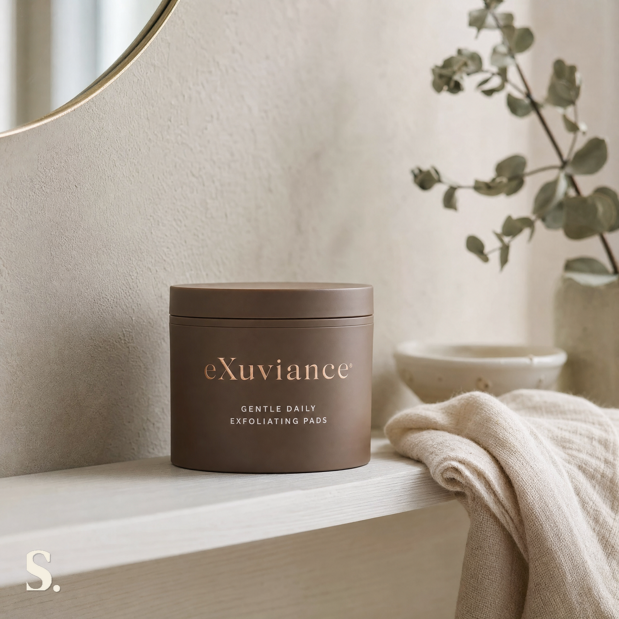 Exuviance Performance Peel AP25 in a lifestyle bathroom setting — Skintique review