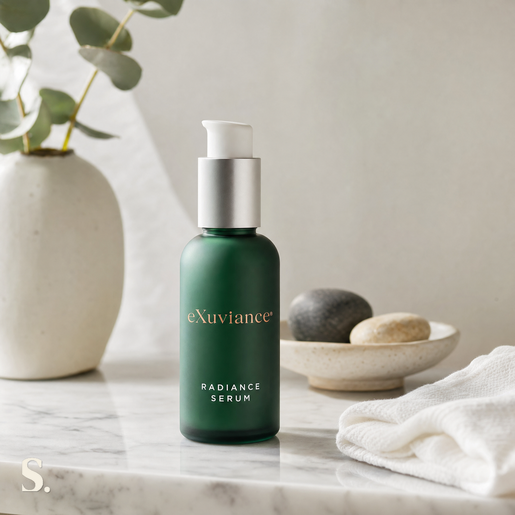 Exuviance Radiance Serum in a lifestyle bathroom setting — Skintique review