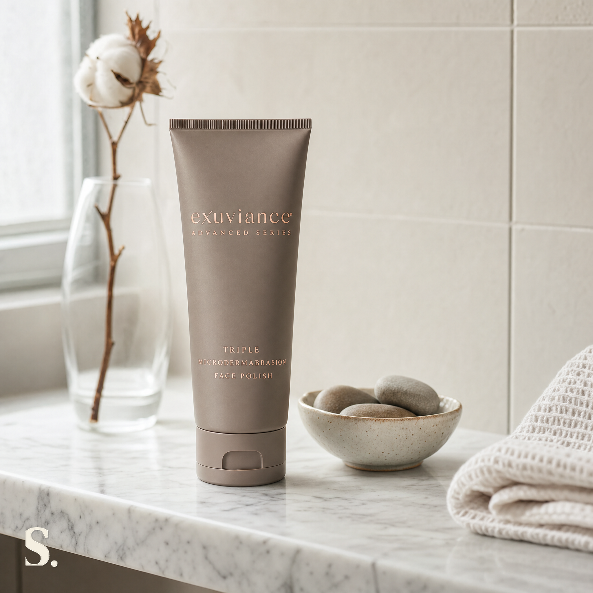 Exuviance Triple Microdermabrasion Face Polish in a lifestyle bathroom setting — Skintique review