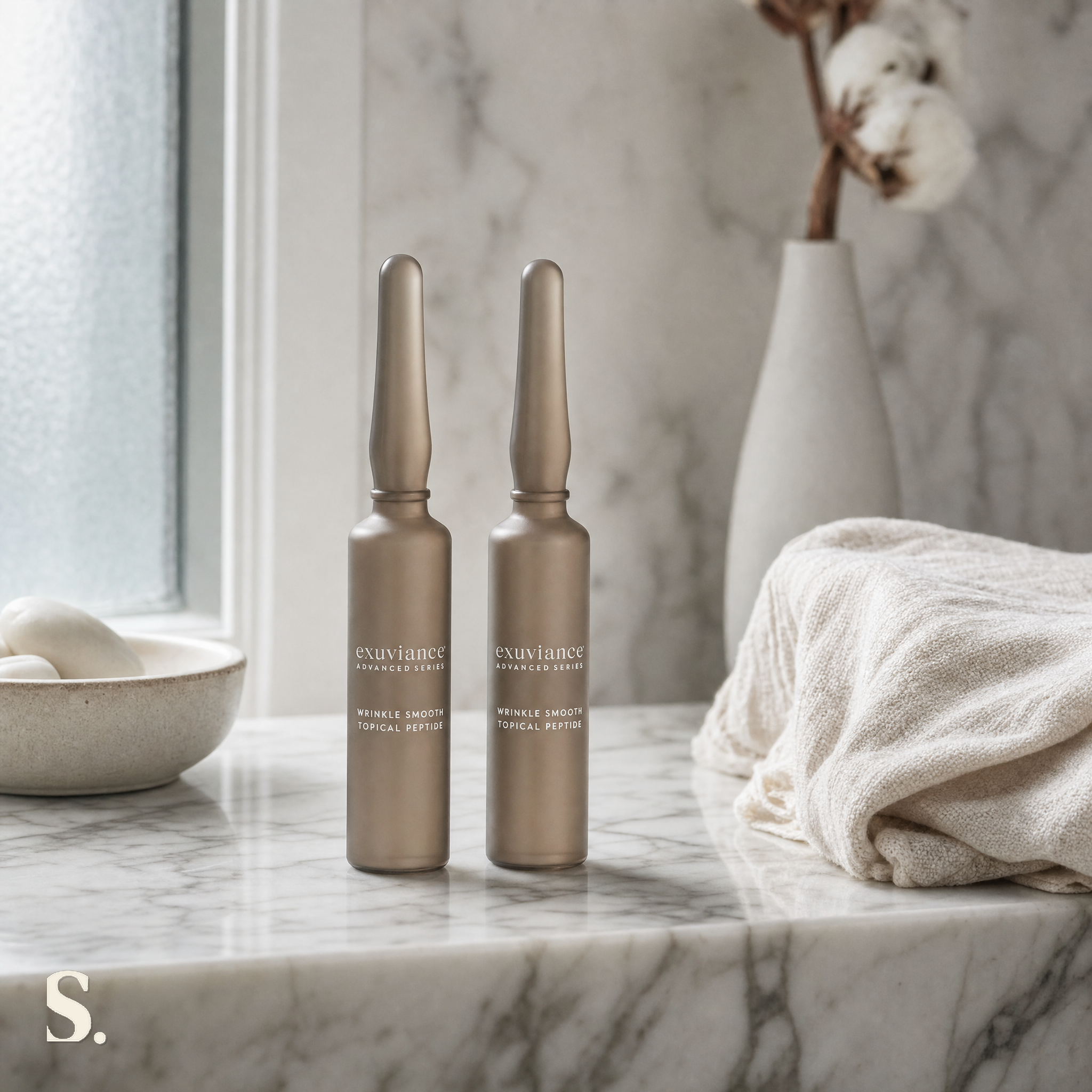 Exuviance Wrinkle Smooth Topical Peptide in a lifestyle bathroom setting — Skintique review