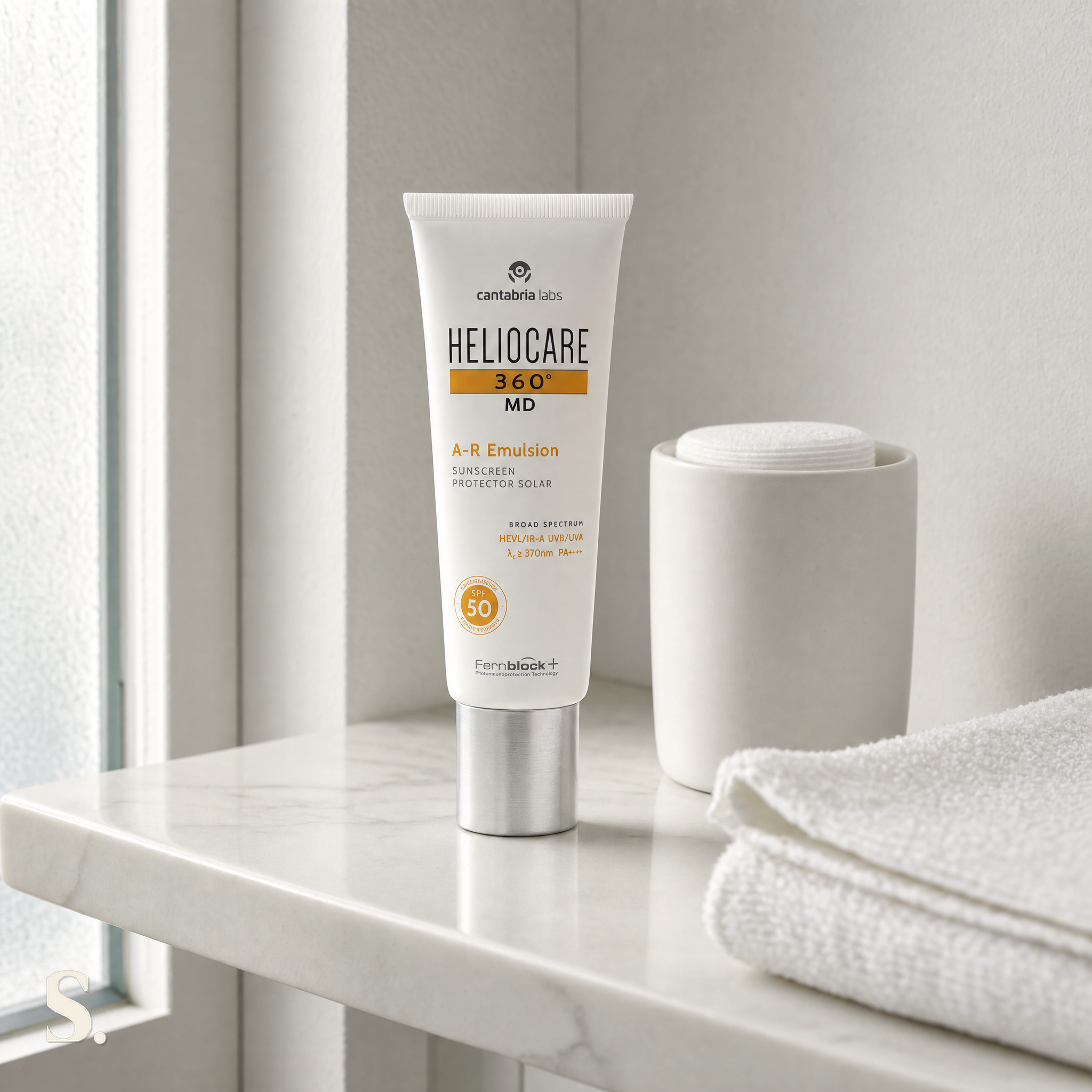 Heliocare 360° A-R Emulsion SPF50+ in a lifestyle bathroom setting — Skintique review