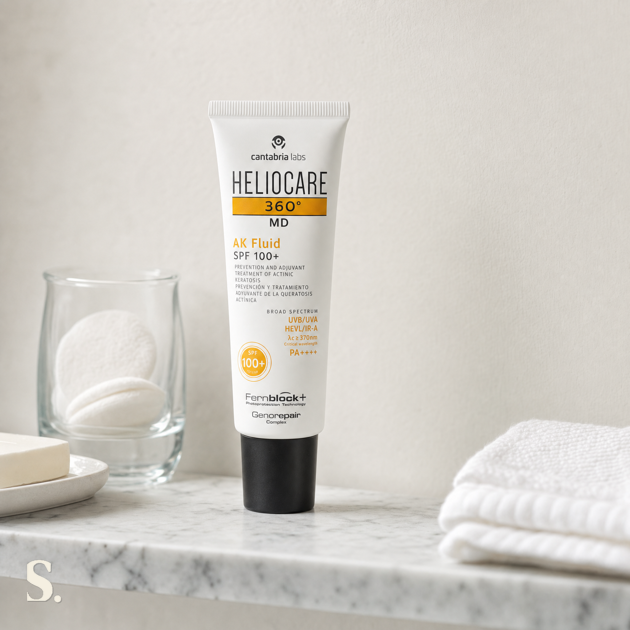Heliocare 360 AK Fluid SPF100+ in a lifestyle bathroom setting — Skintique review