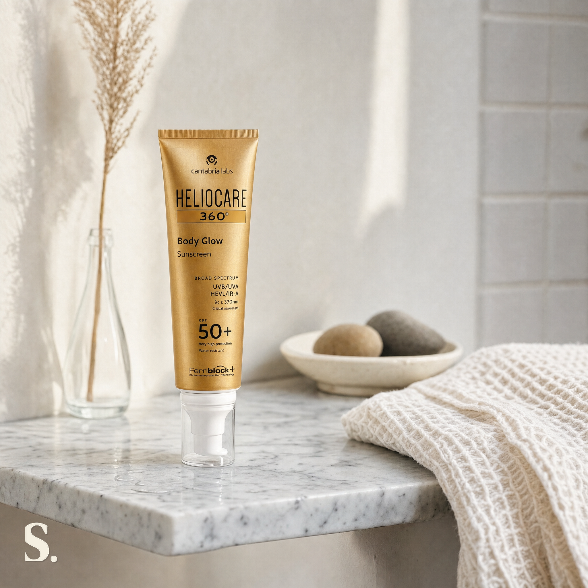 Heliocare® 360° Body Glow SPF50+ in a lifestyle bathroom setting — Skintique review