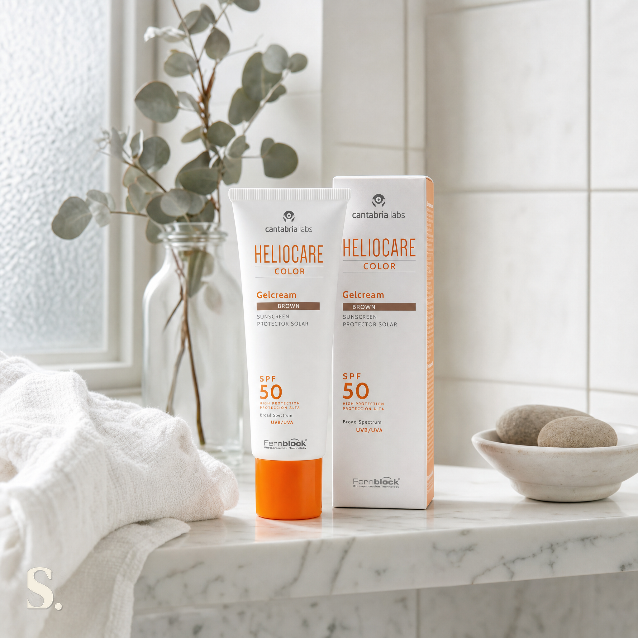 Heliocare® COLOR Gelcream SPF50 in a lifestyle bathroom setting — Skintique review